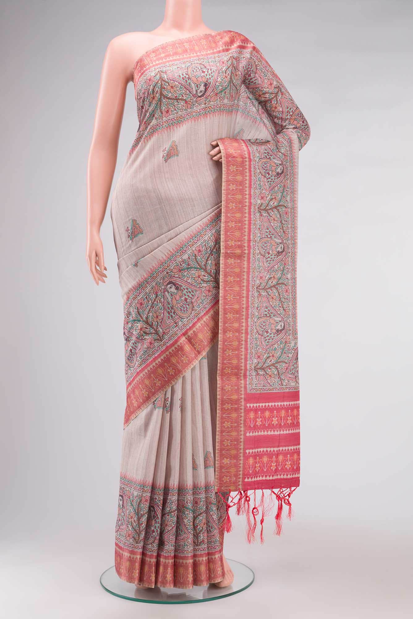 Beige Blended Tussar Silk Saree