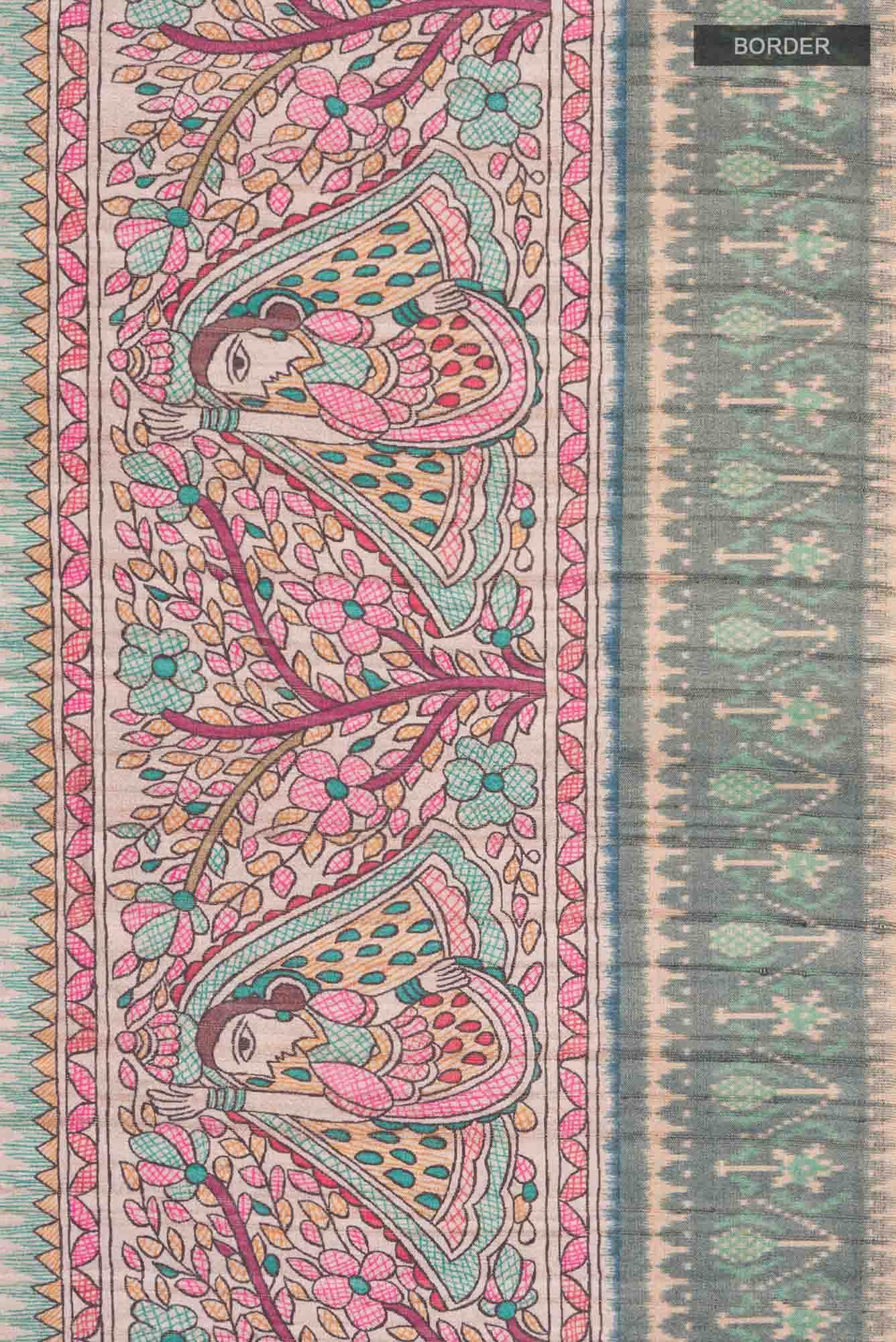 Beige Blended Tussar Silk Saree