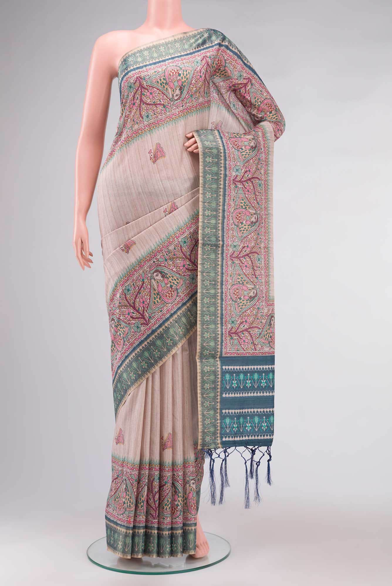 Beige Blended Tussar Silk Saree