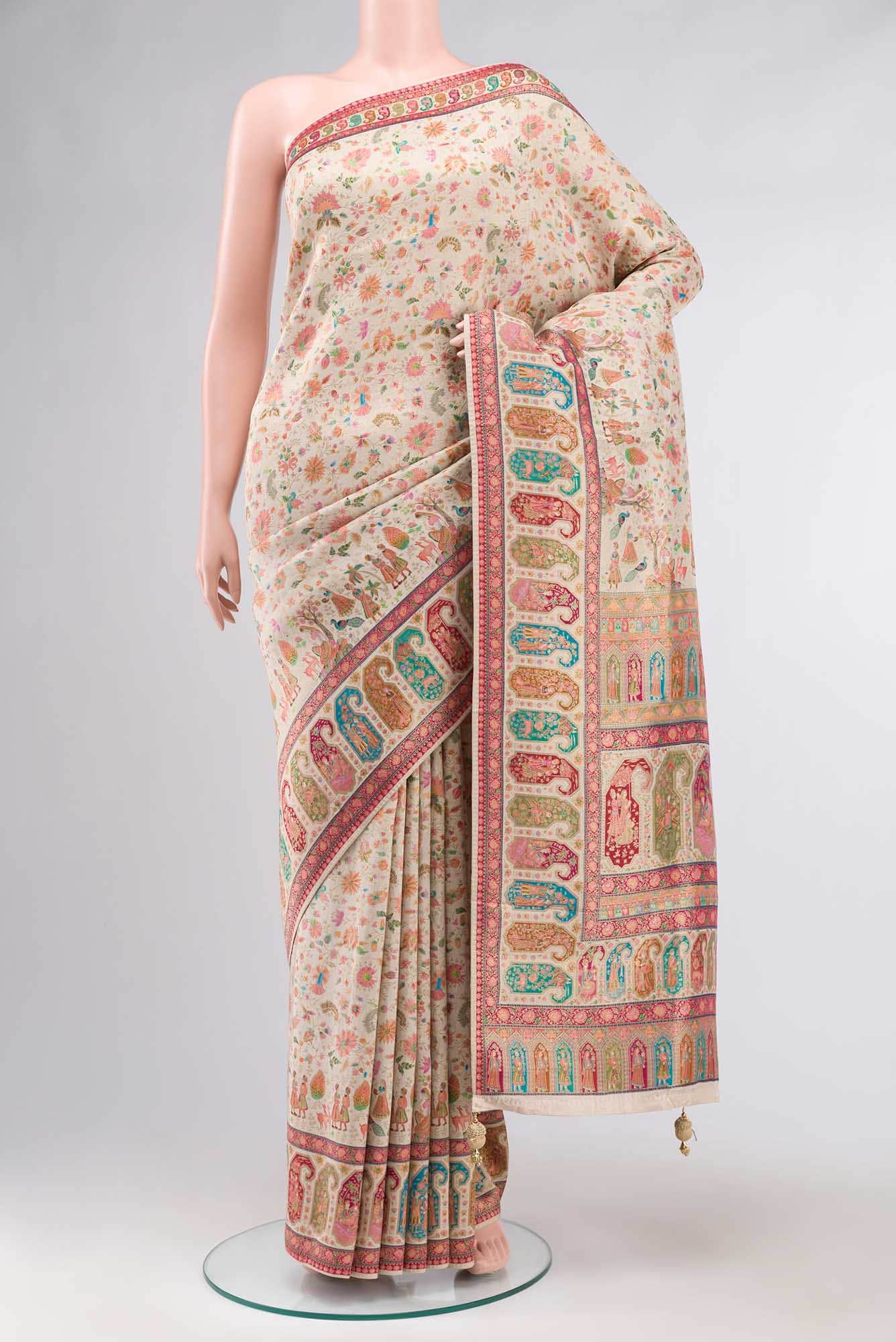 Beige Blended Tussar Silk Saree