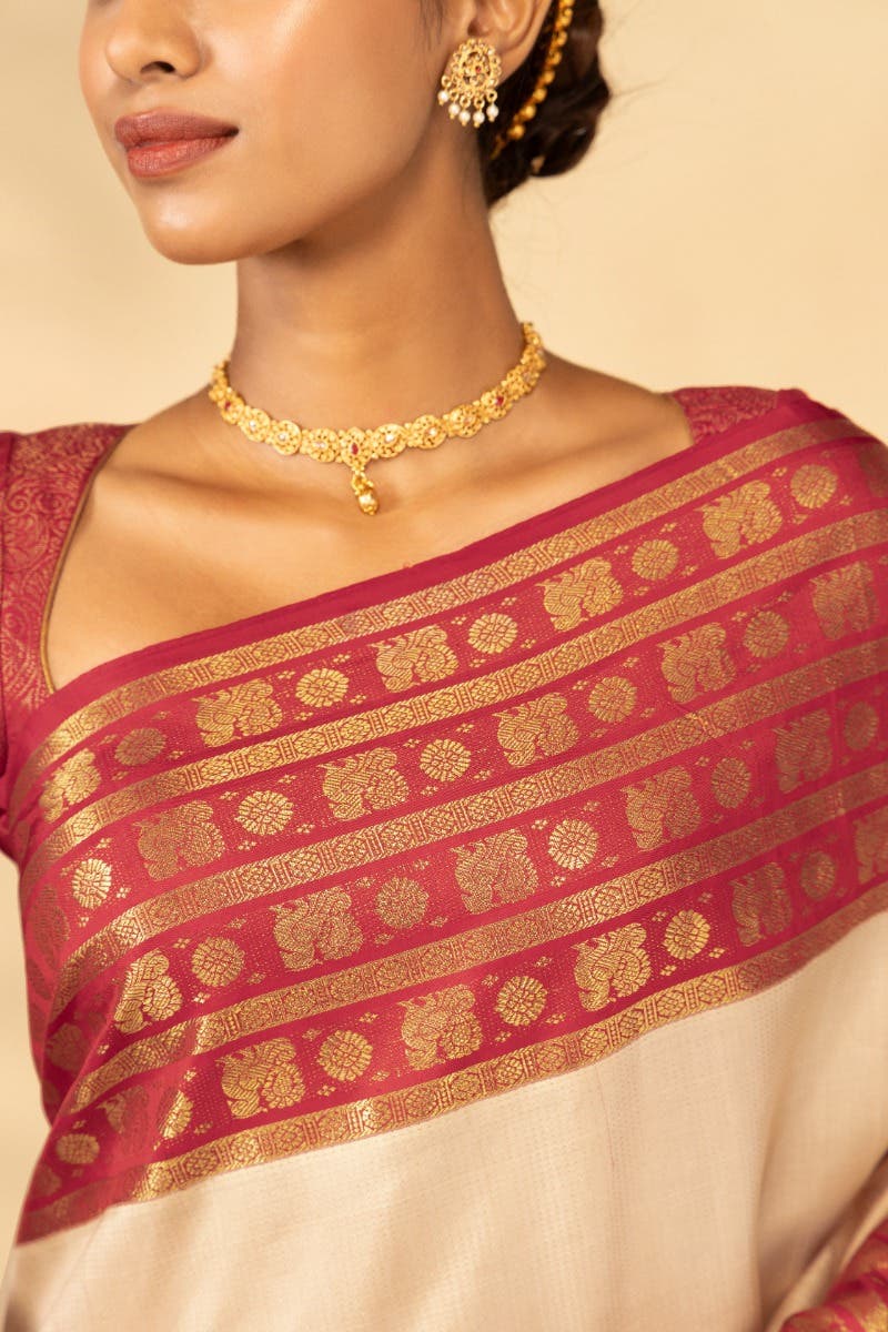 Suvarna-Off White Kanchipuram Silk Saree