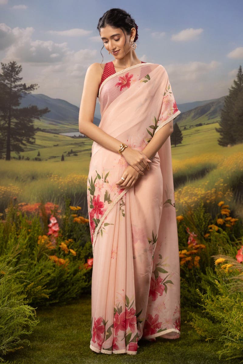 Language of Lilies-Beige Organza Silk Saree