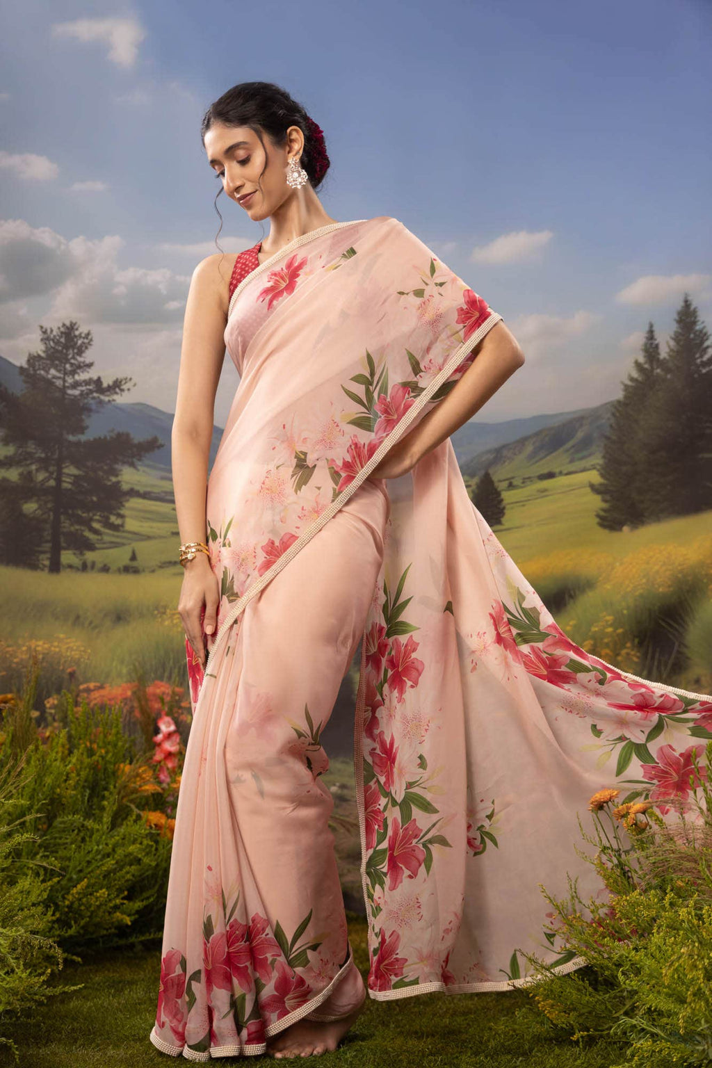 Language of Lilies-Beige Organza Silk Saree