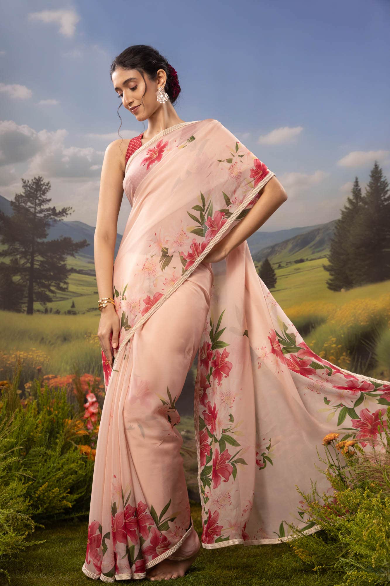Language of Lilies-Beige Organza Silk Saree