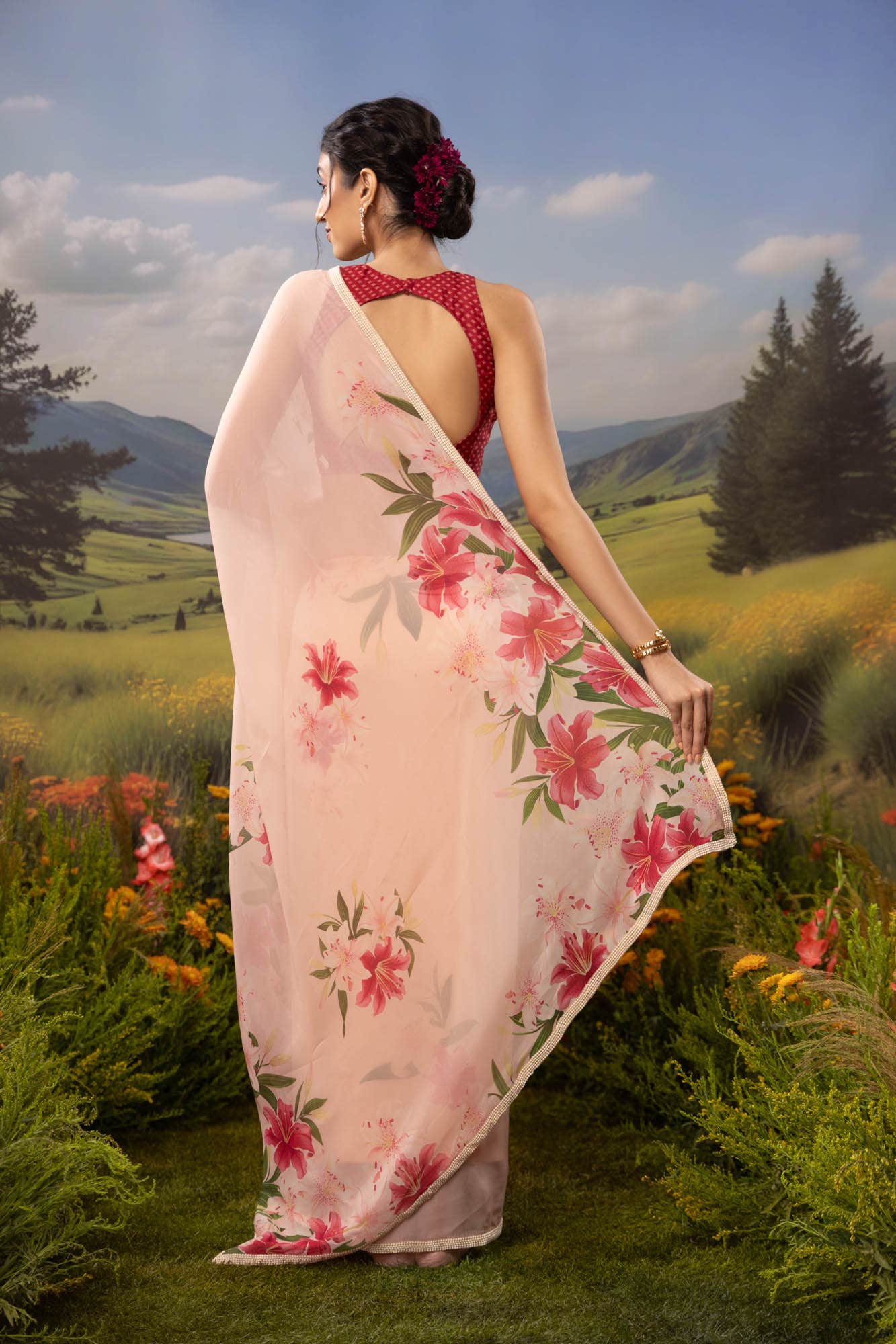 Language of Lilies-Beige Organza Silk Saree