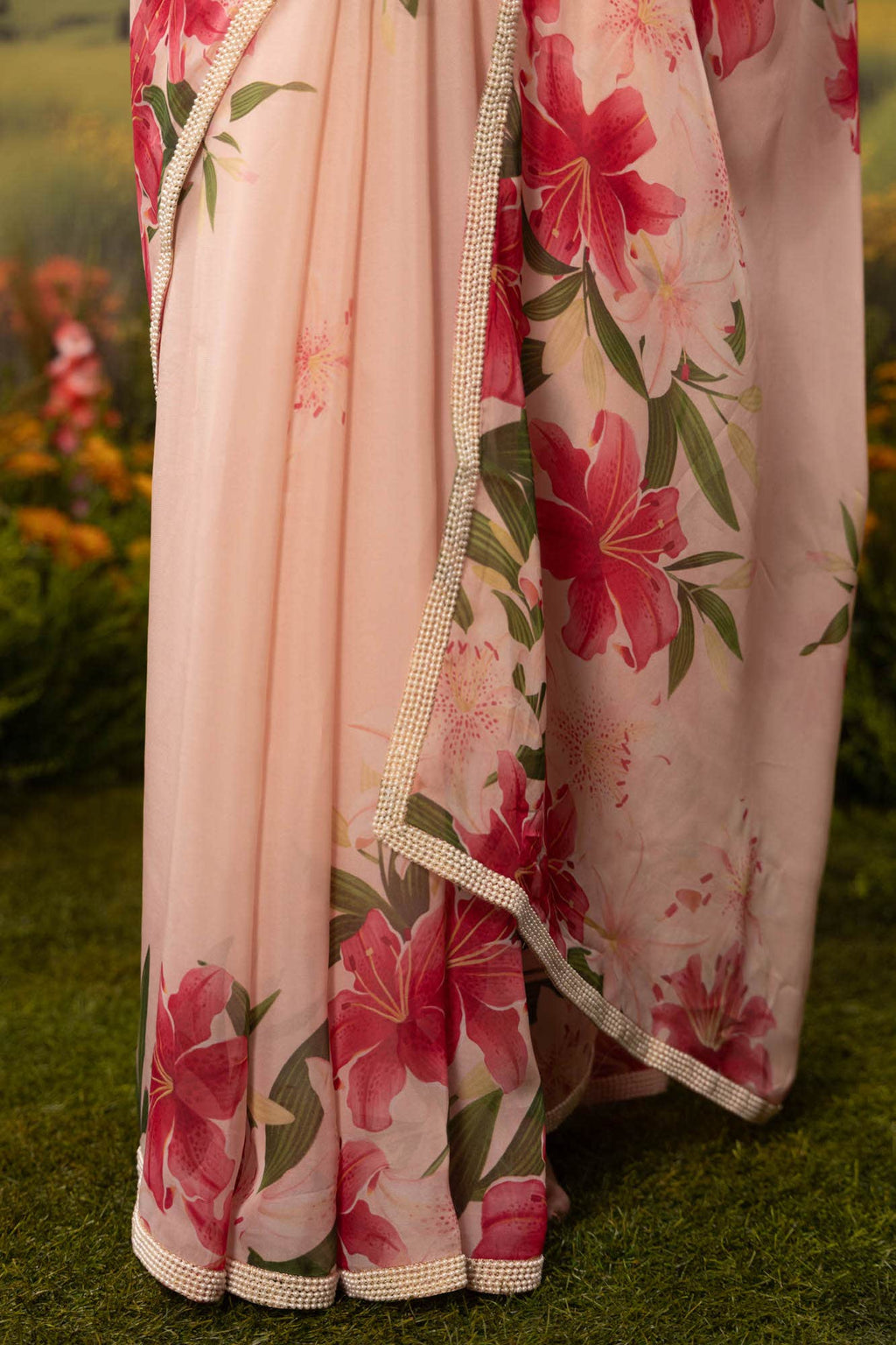 Language of Lilies-Beige Organza Silk Saree