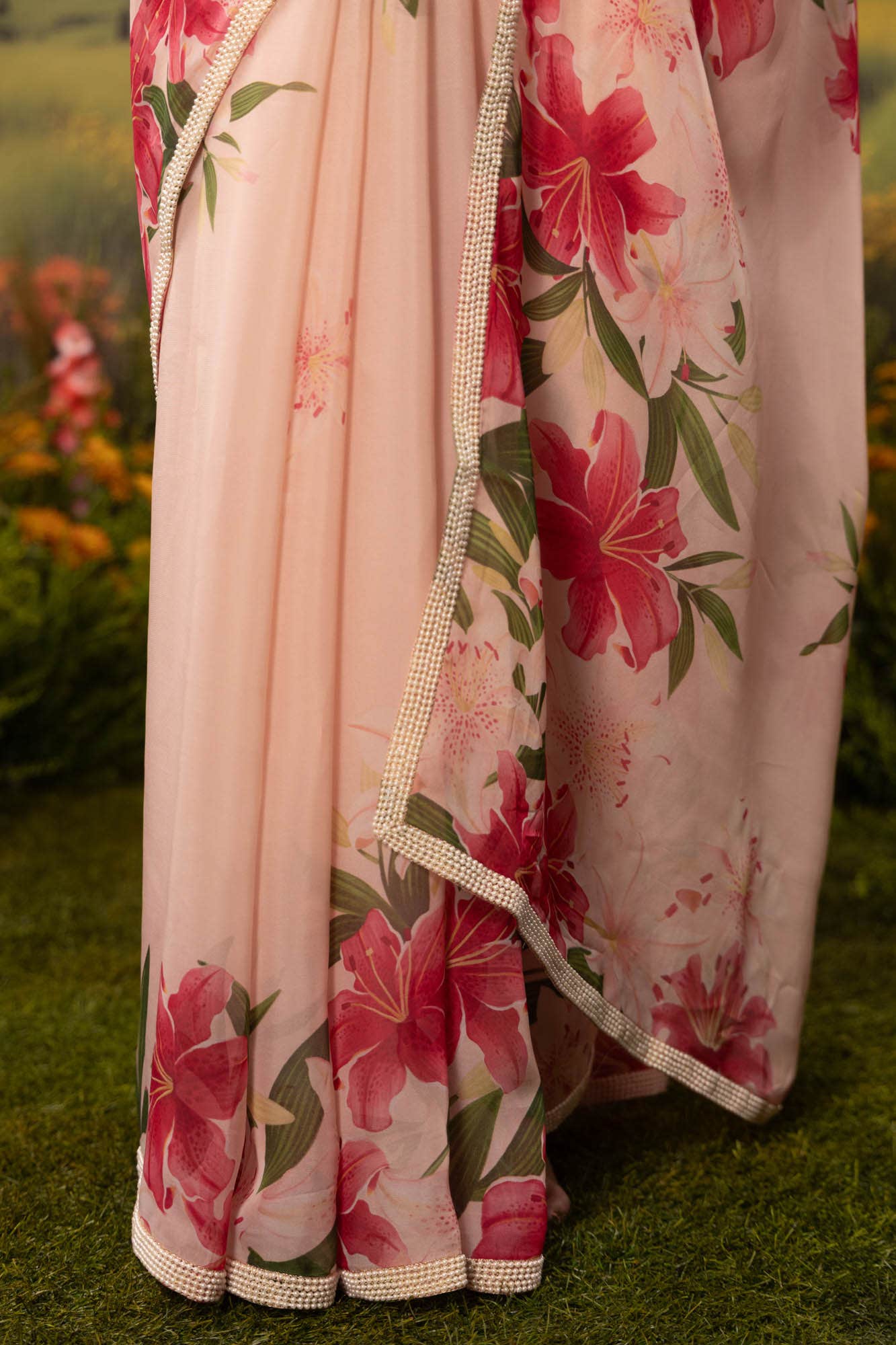 Language of Lilies-Beige Organza Silk Saree