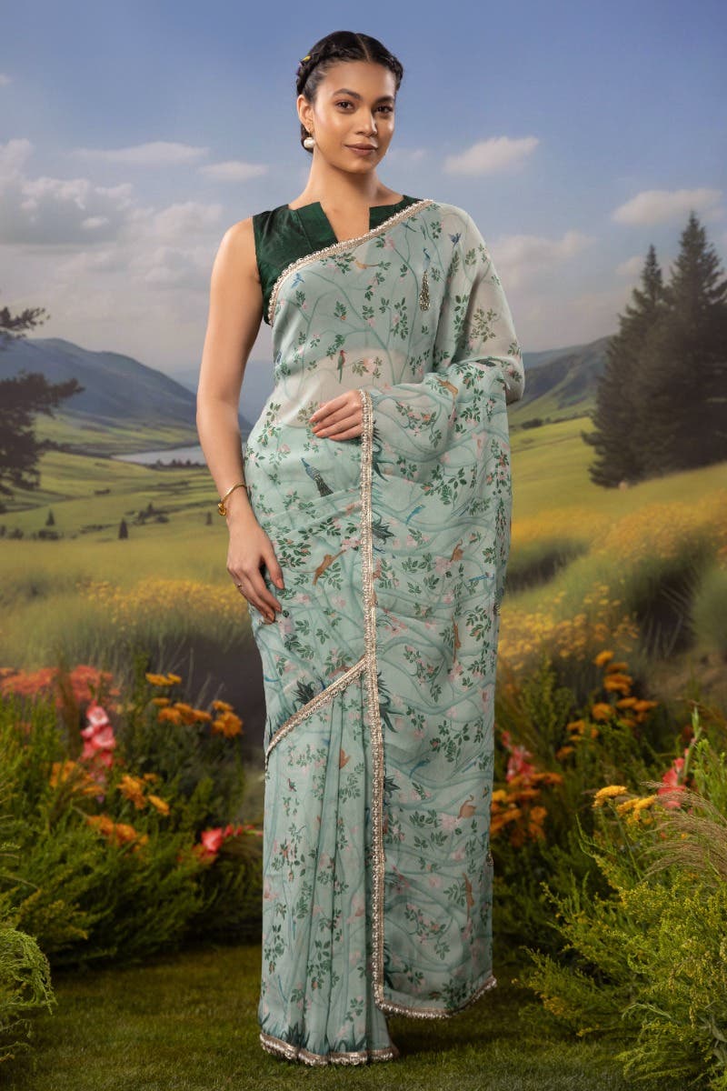 Oriental Gardens-Sea Green Organza Silk Saree