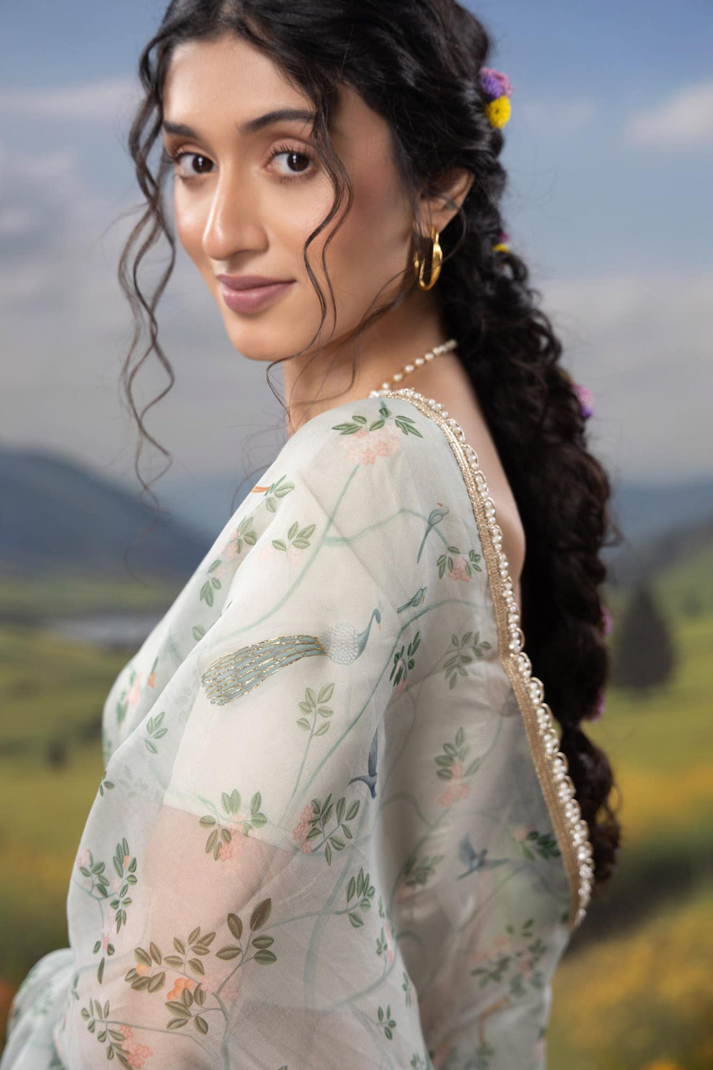 Oriental Gardens-Sea Green Pure Organza Silk Saree