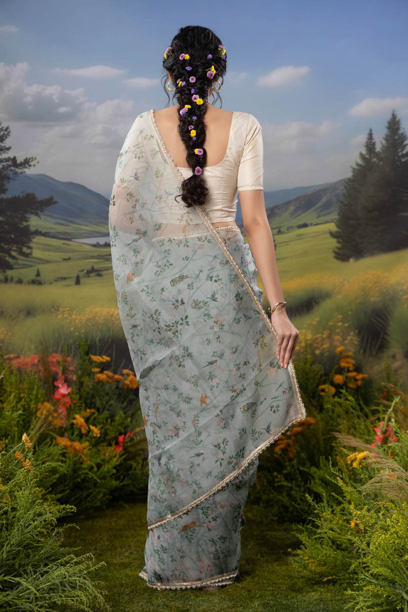 Oriental Gardens-Sea Green Pure Organza Silk Saree