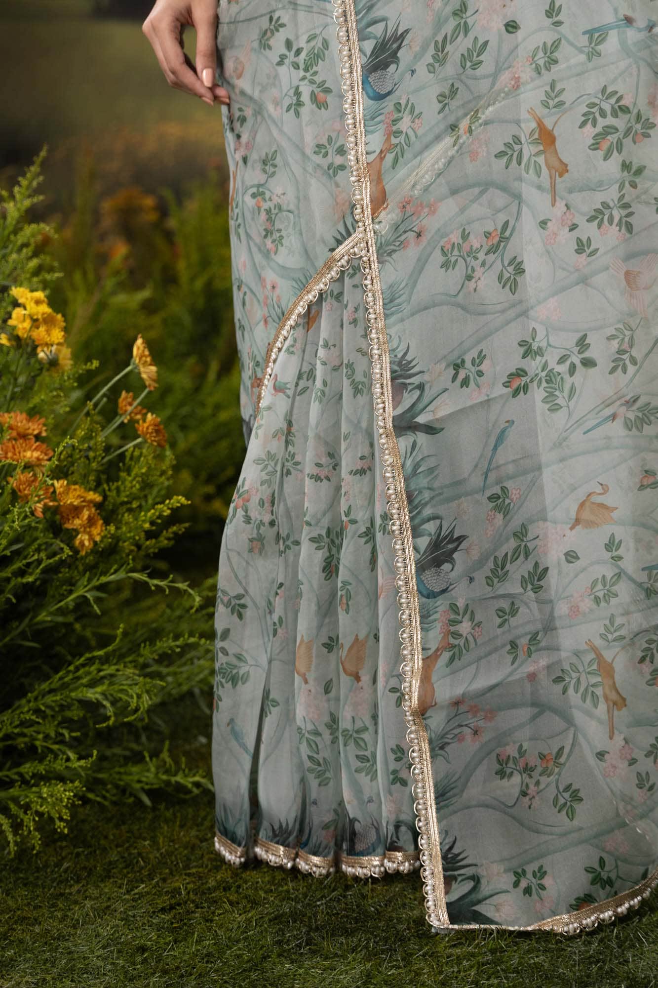 Oriental Gardens-Sea Green Pure Organza Silk Saree