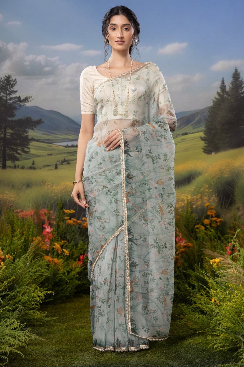 Oriental Gardens-Sea Green Pure Organza Silk Saree