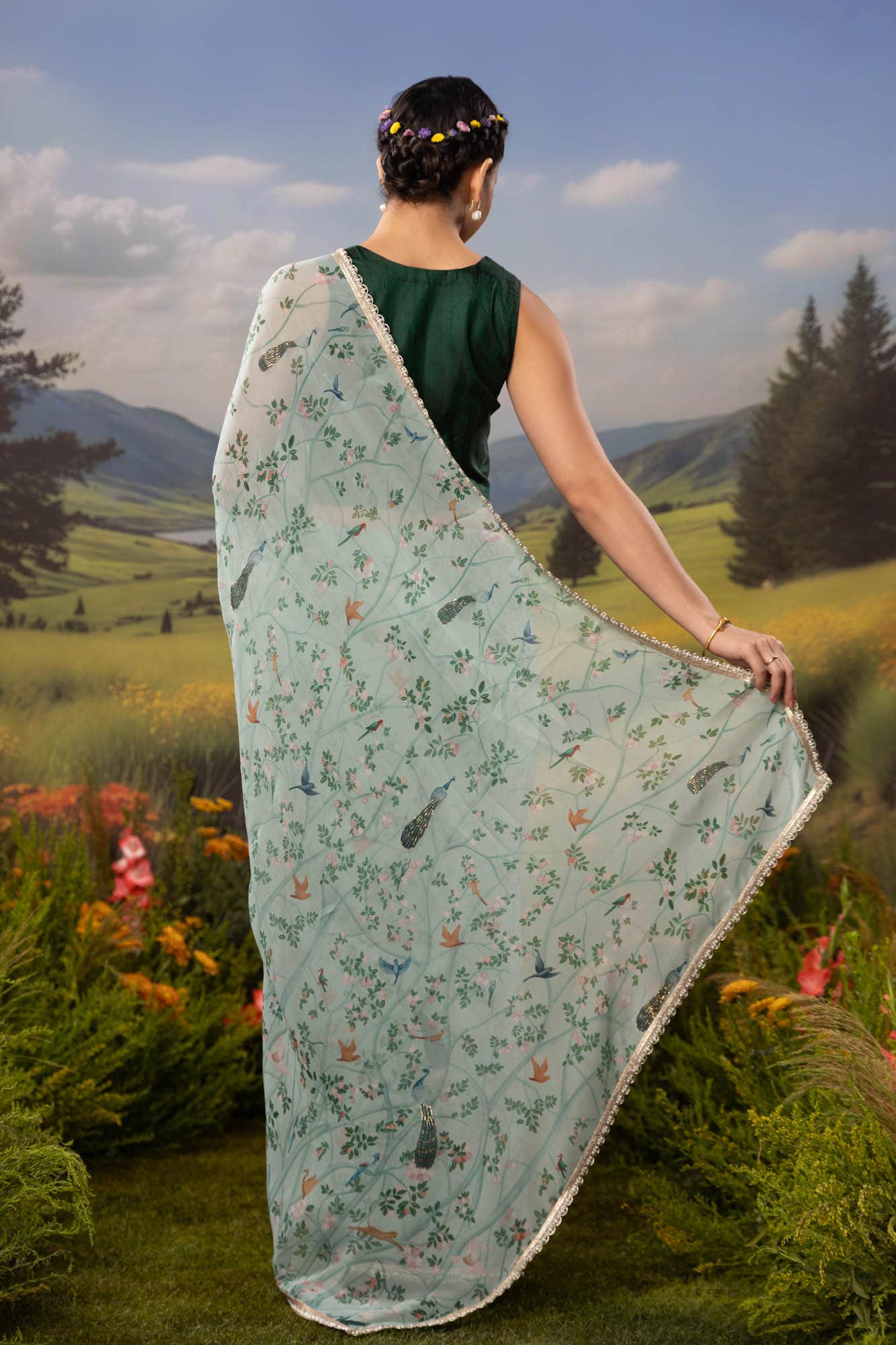 Oriental Gardens-Sea Green Organza Silk Saree