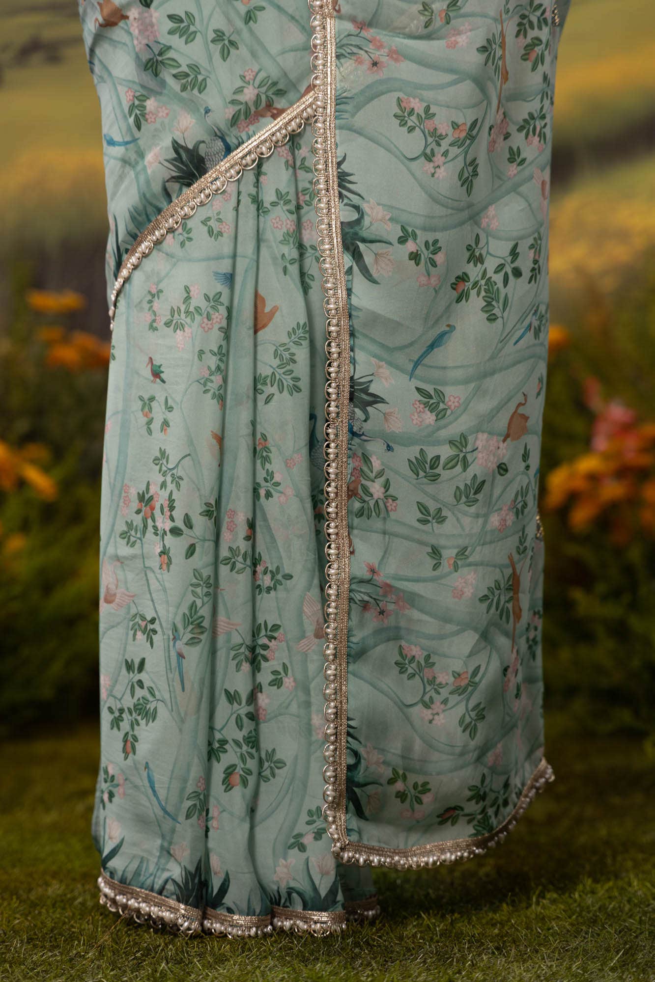 Oriental Gardens-Sea Green Organza Silk Saree