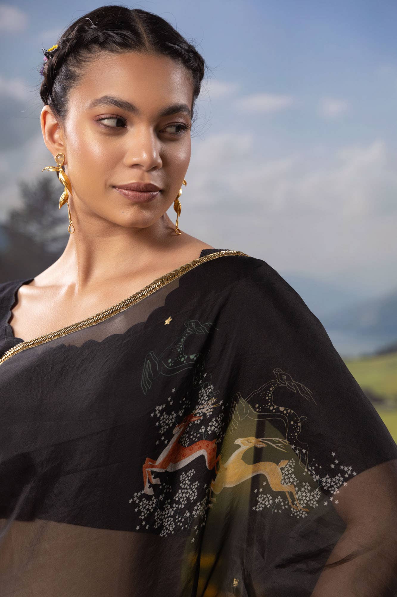 Leaping Deer-Black Pure Organza Silk Saree