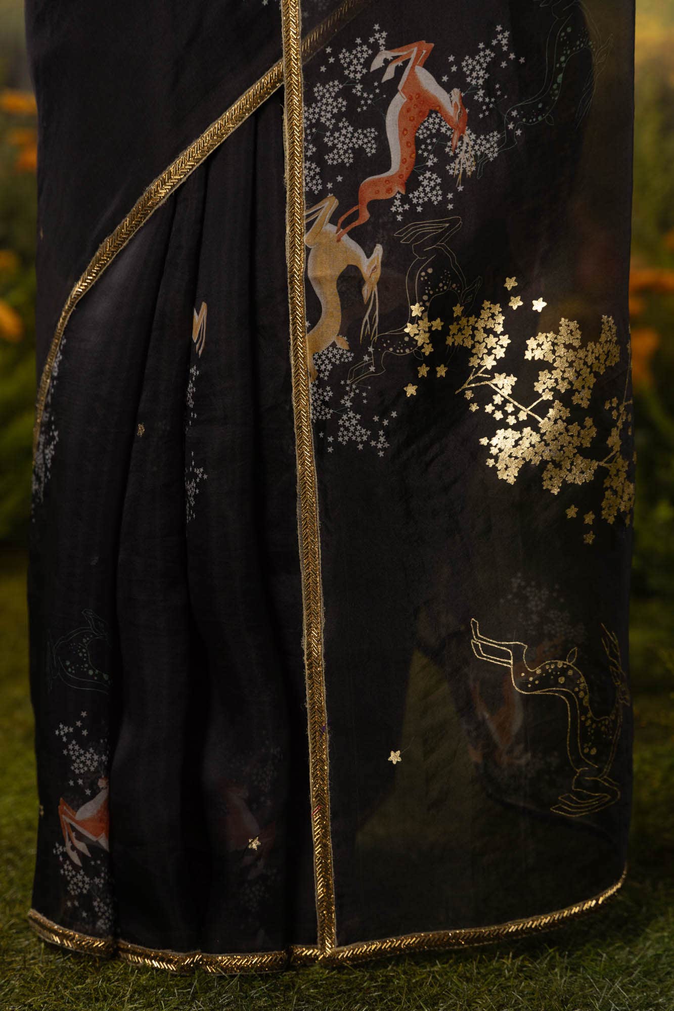 Leaping Deer-Black Pure Organza Silk Saree