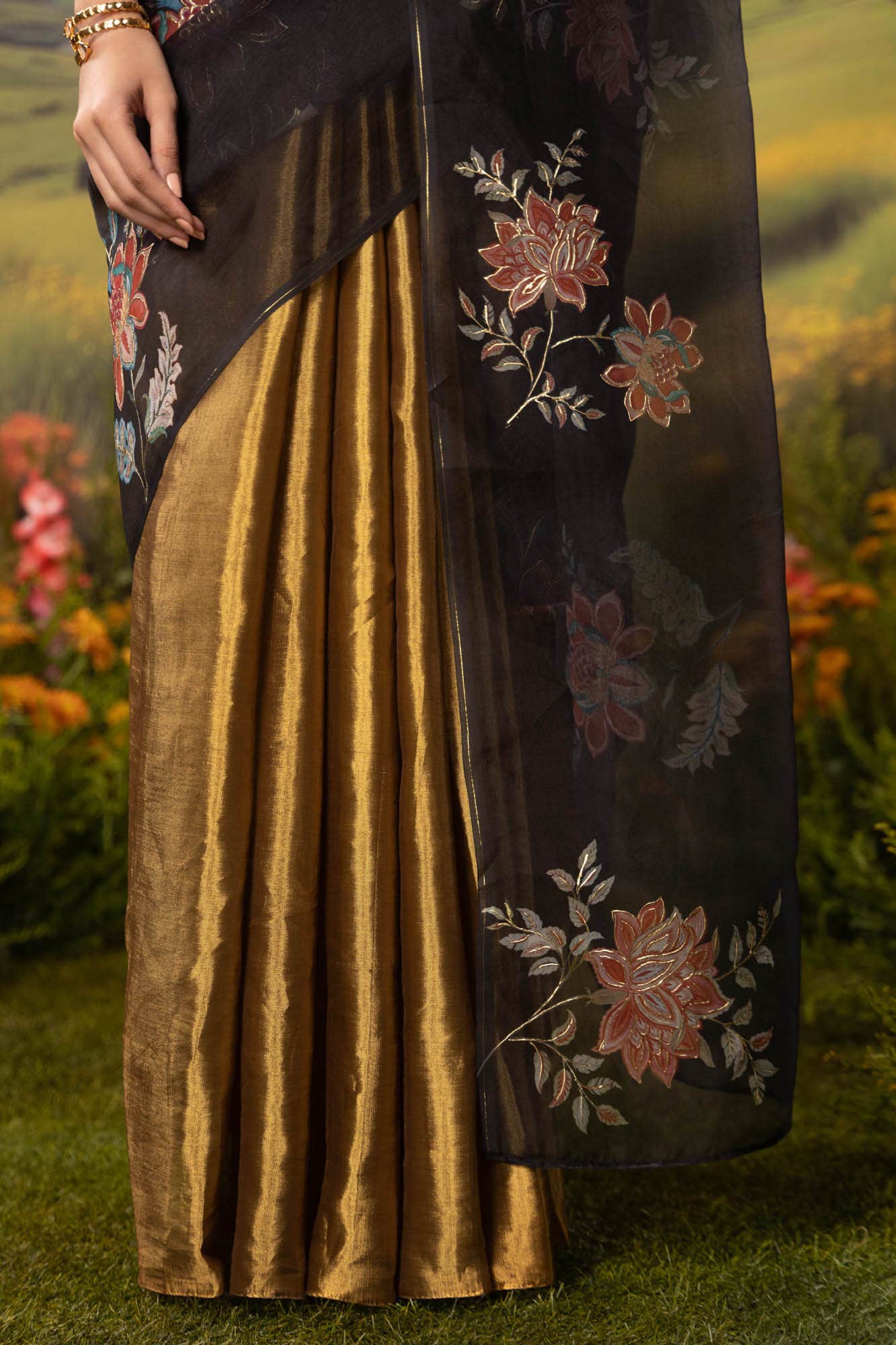 Dawn and Dusk-Gold & Black Pure Organza Silk Saree