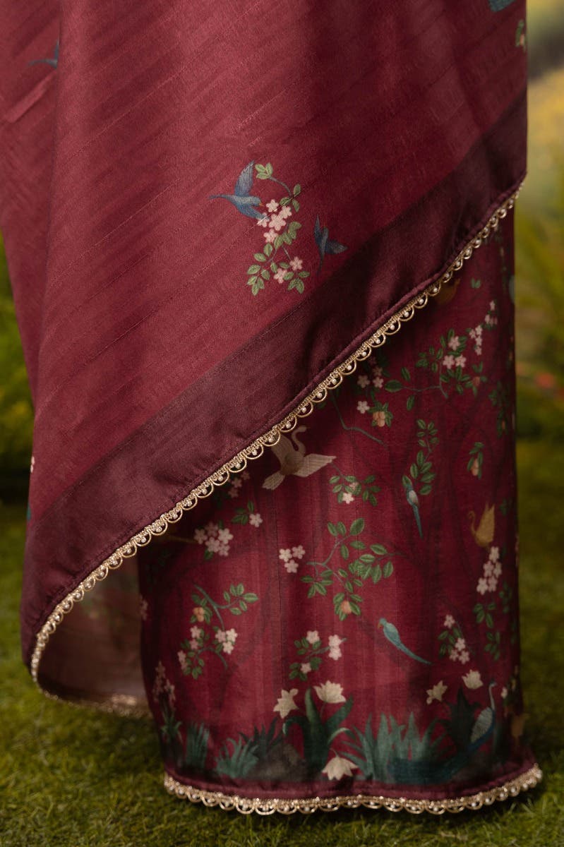 Wilderness-Maroon Tussar Silk Saree