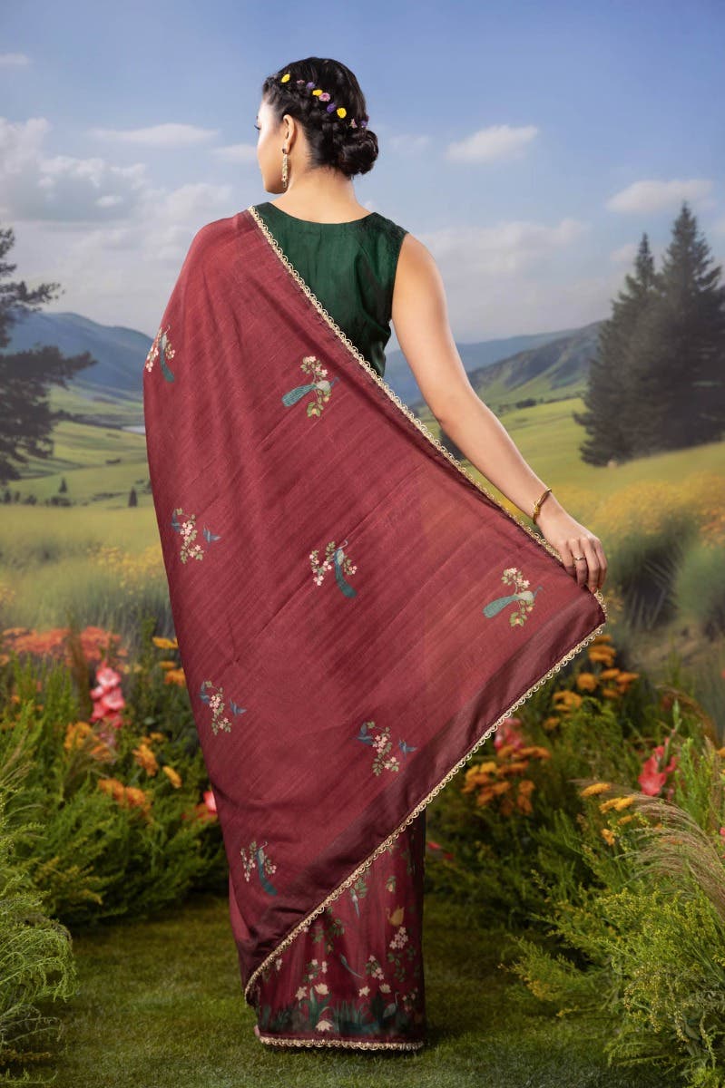 Wilderness-Maroon Tussar Silk Saree