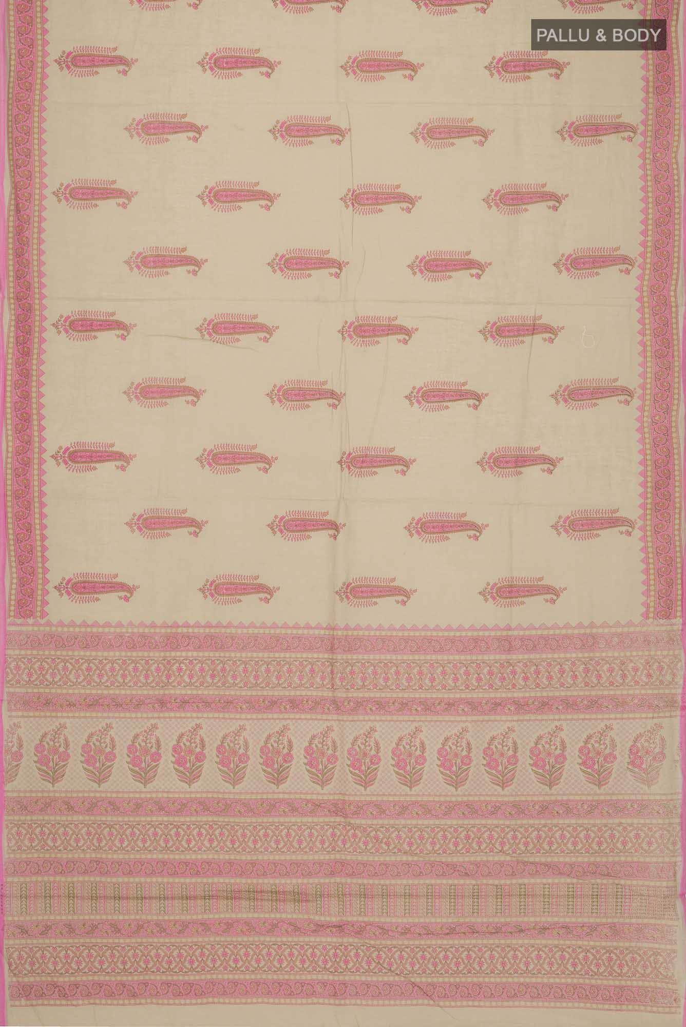 Beige Printed Cotton Saree