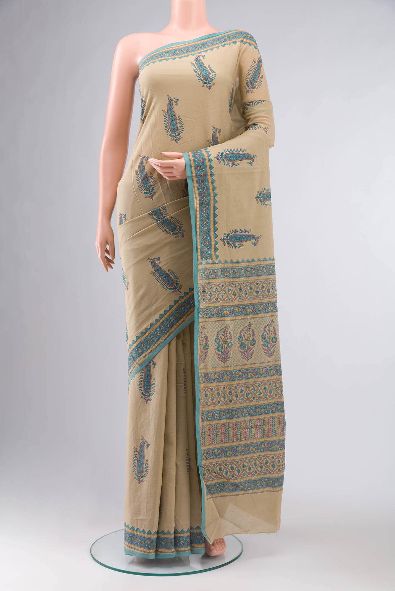 Dark Beige Printed Cotton Saree