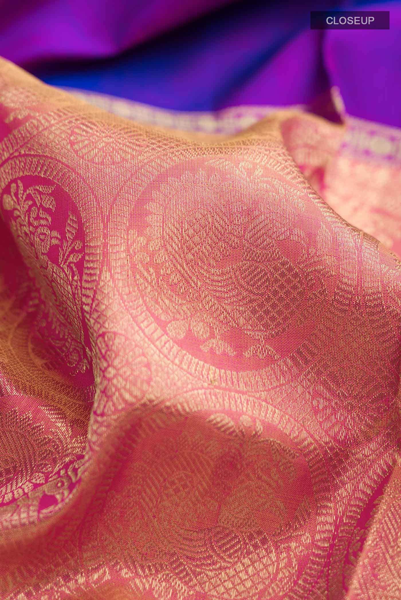 Nritya-Pure Silk Pure Gold Zari Yellow with Pink Dual Tone Kanchipuram Saree