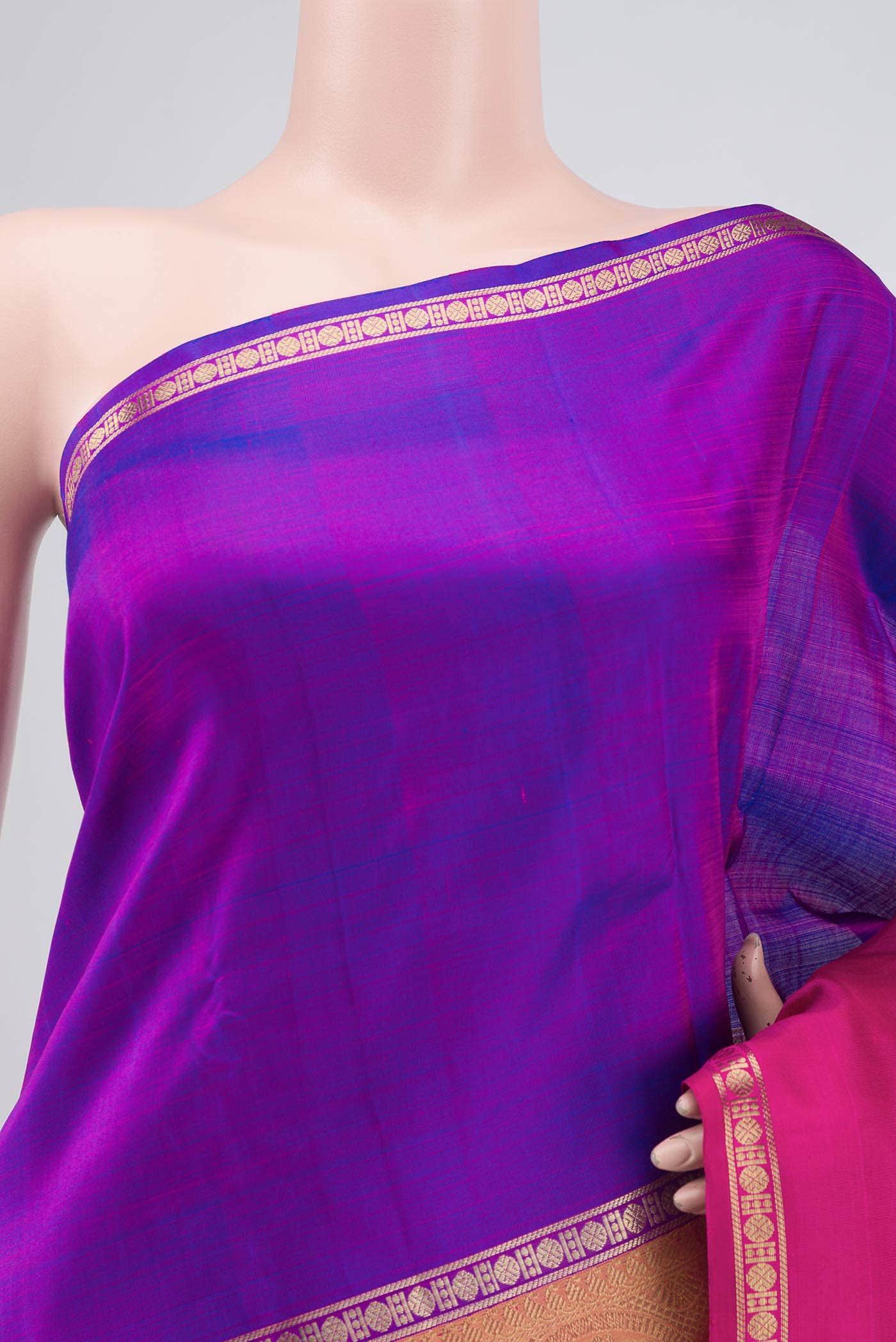 Nritya-Pure Silk Pure Gold Zari Yellow with Pink Dual Tone Kanchipuram Saree