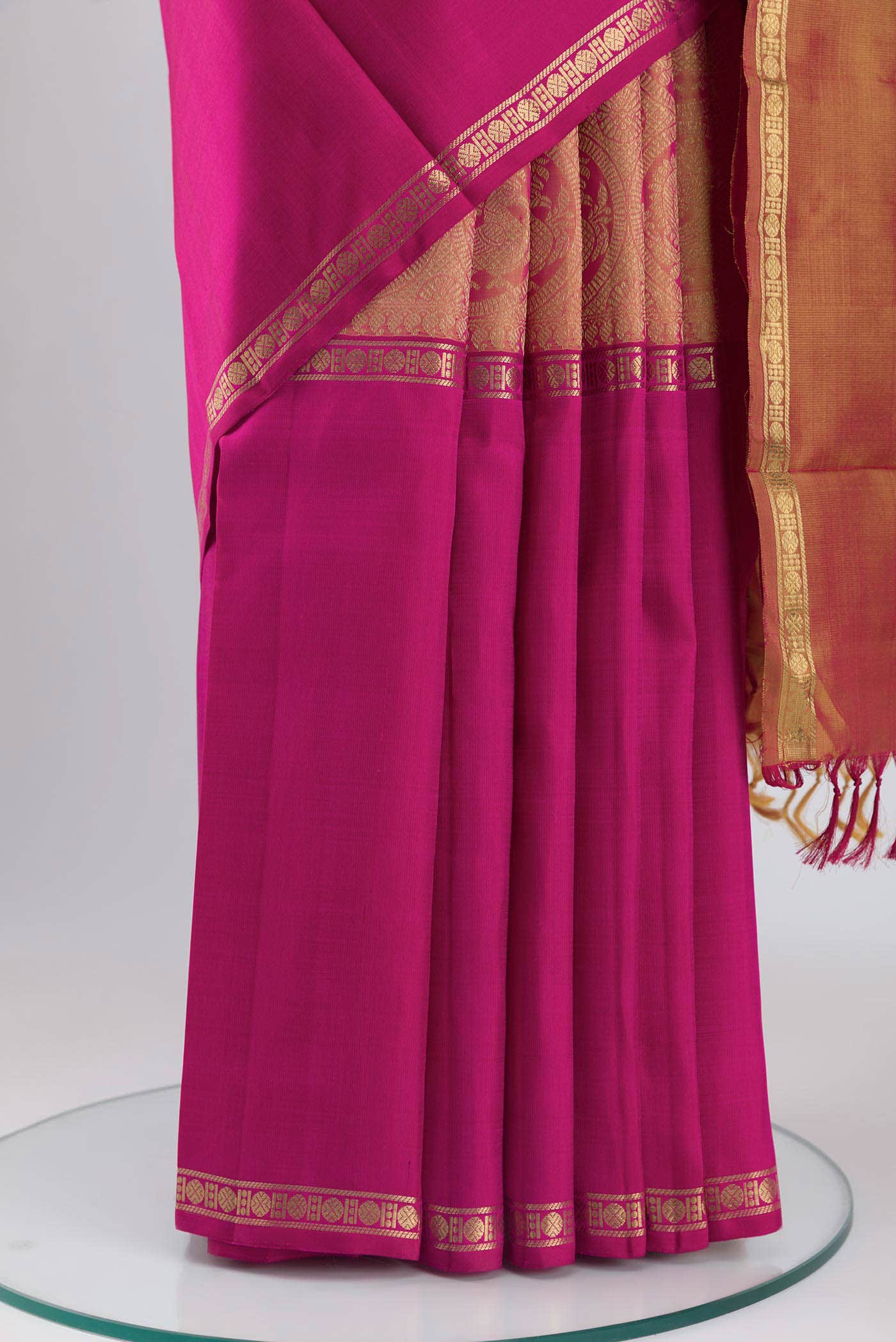 Nritya-Pure Silk Pure Gold Zari Yellow with Pink Dual Tone Kanchipuram Saree
