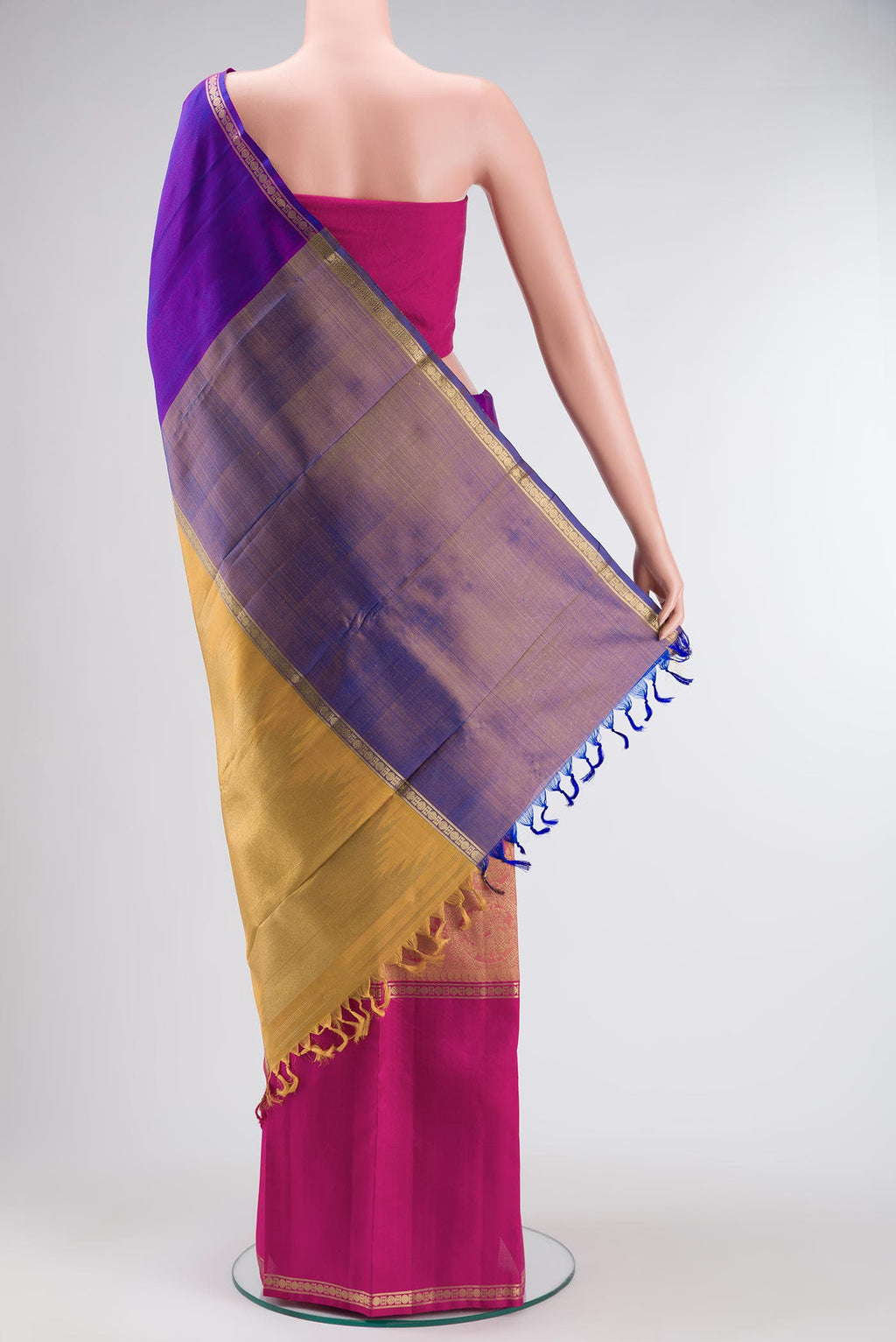 Nritya-Pure Silk Pure Gold Zari Yellow with Pink Dual Tone Kanchipuram Saree