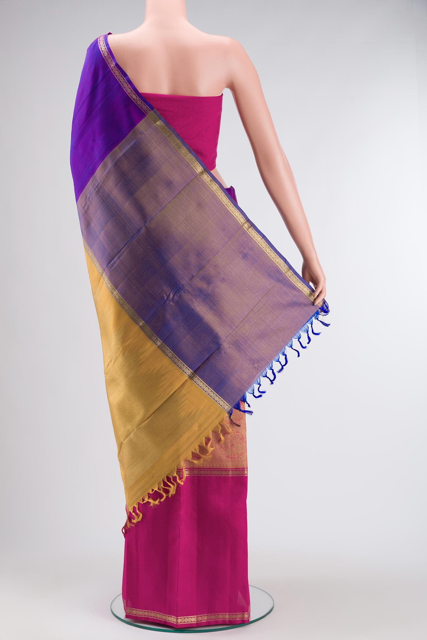 Nritya-Pure Silk Pure Gold Zari Yellow with Pink Dual Tone Kanchipuram Saree