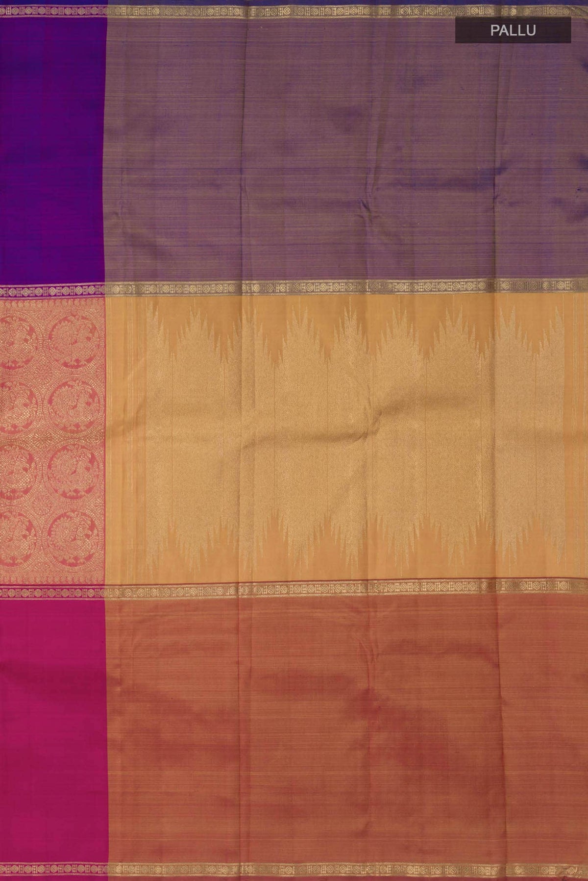 Nritya-Pure Silk Pure Gold Zari Yellow with Pink Dual Tone Kanchipuram Saree