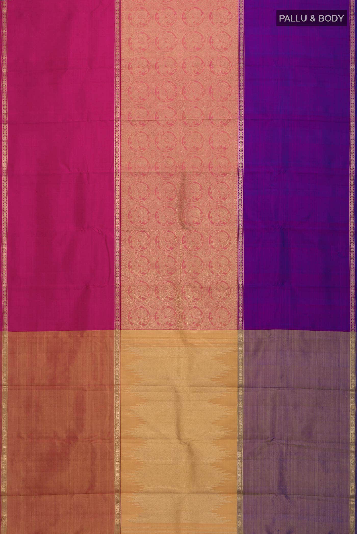 Nritya-Pure Silk Pure Gold Zari Yellow with Pink Dual Tone Kanchipuram Saree