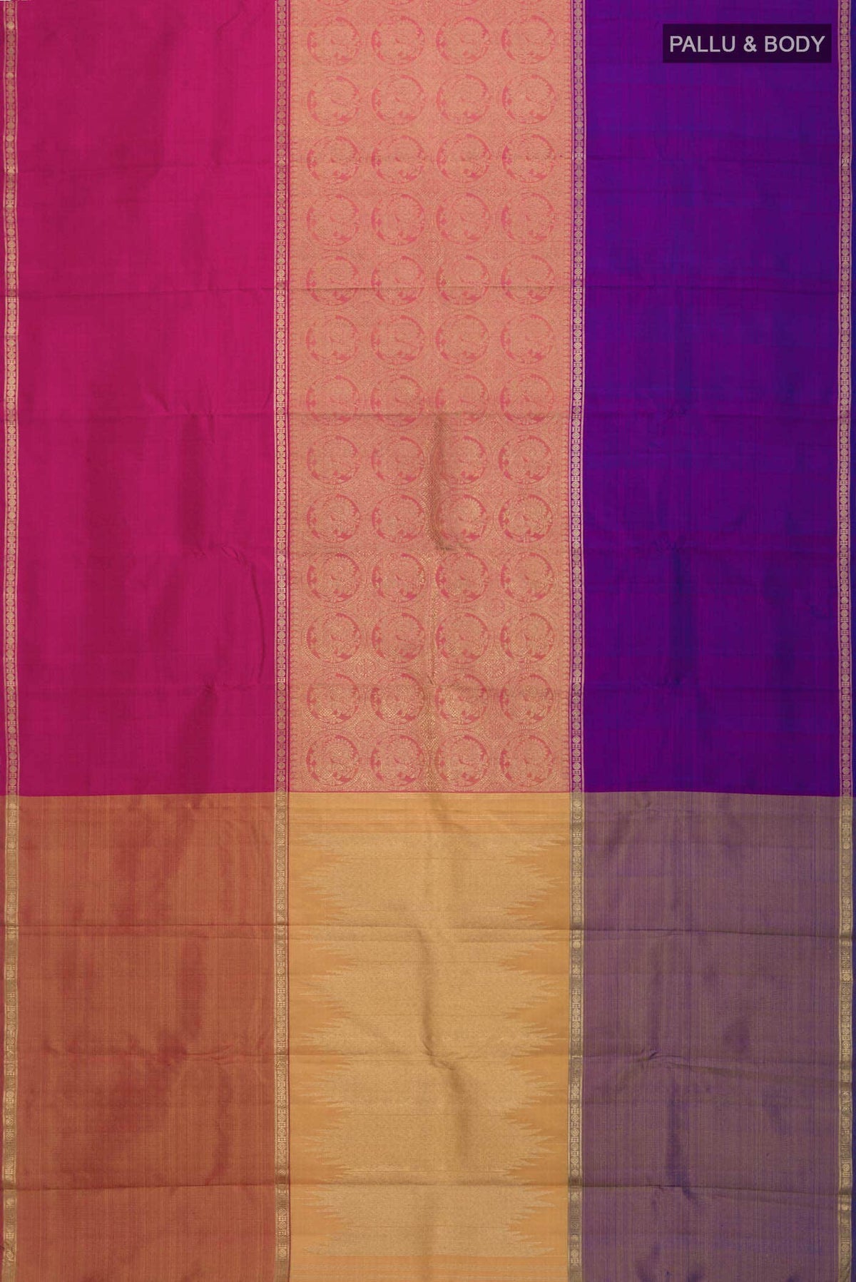 Nritya-Pure Silk Pure Gold Zari Yellow with Pink Dual Tone Kanchipuram Saree