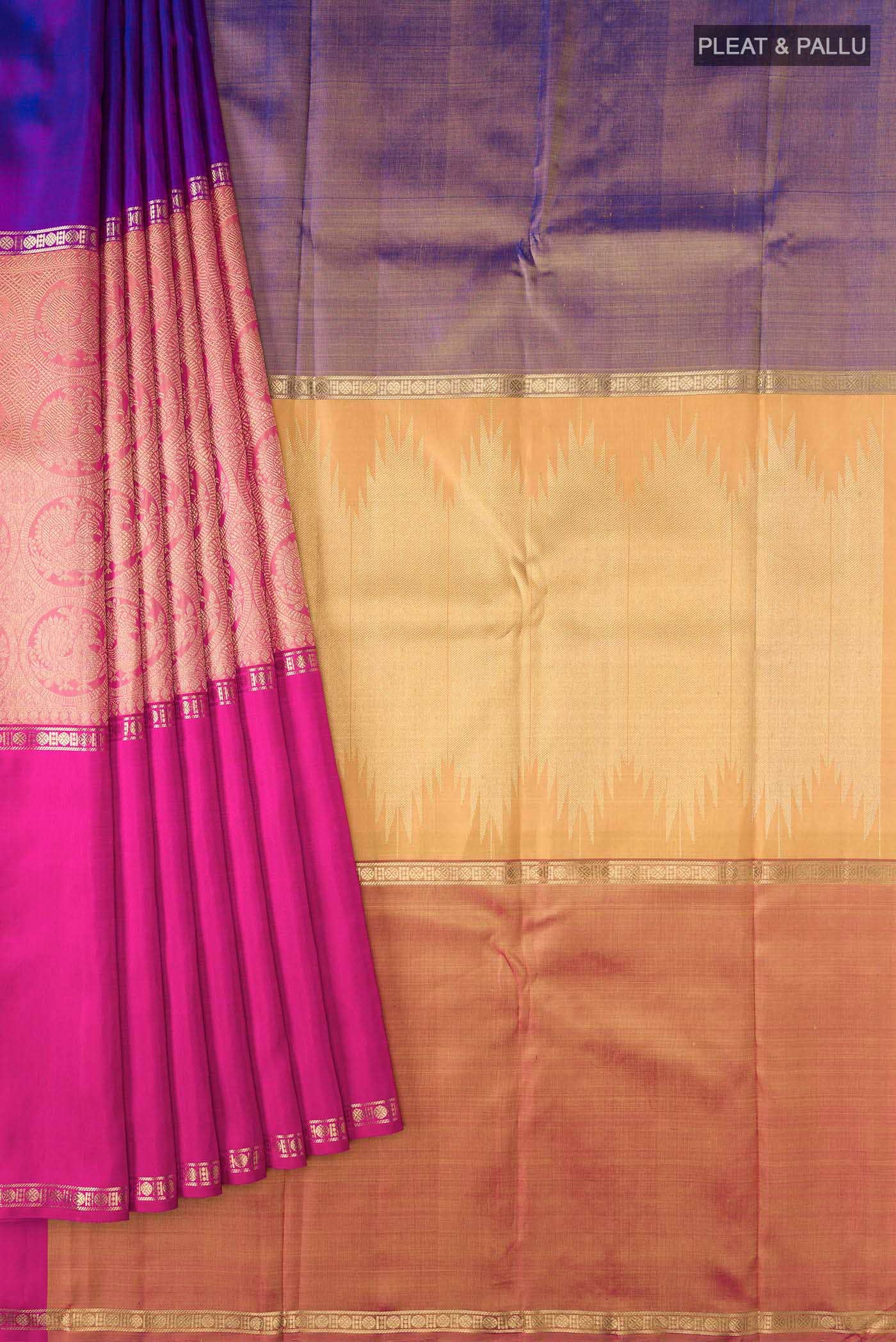 Nritya-Pure Silk Pure Gold Zari Yellow with Pink Dual Tone Kanchipuram Saree