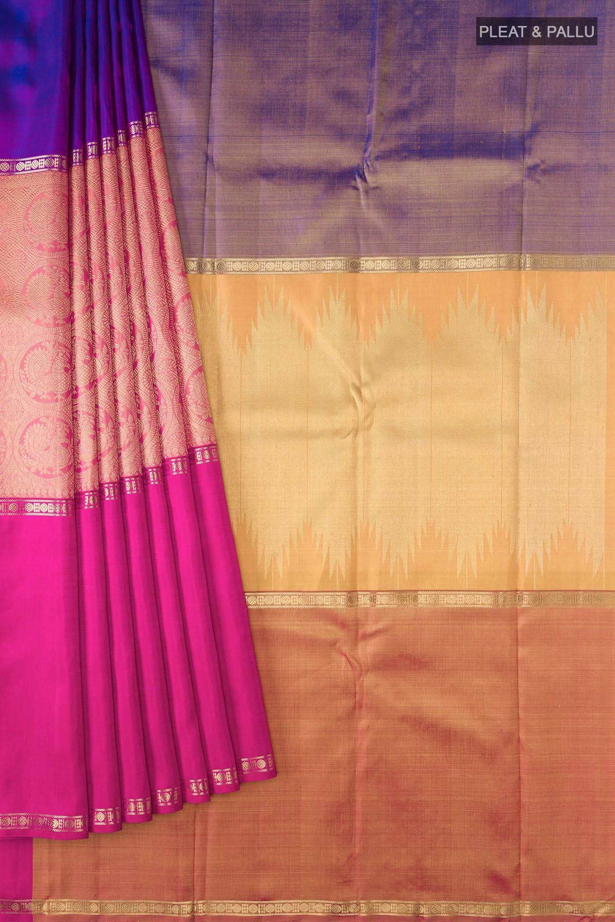 Nritya-Pure Silk Pure Gold Zari Yellow with Pink Dual Tone Kanchipuram Saree