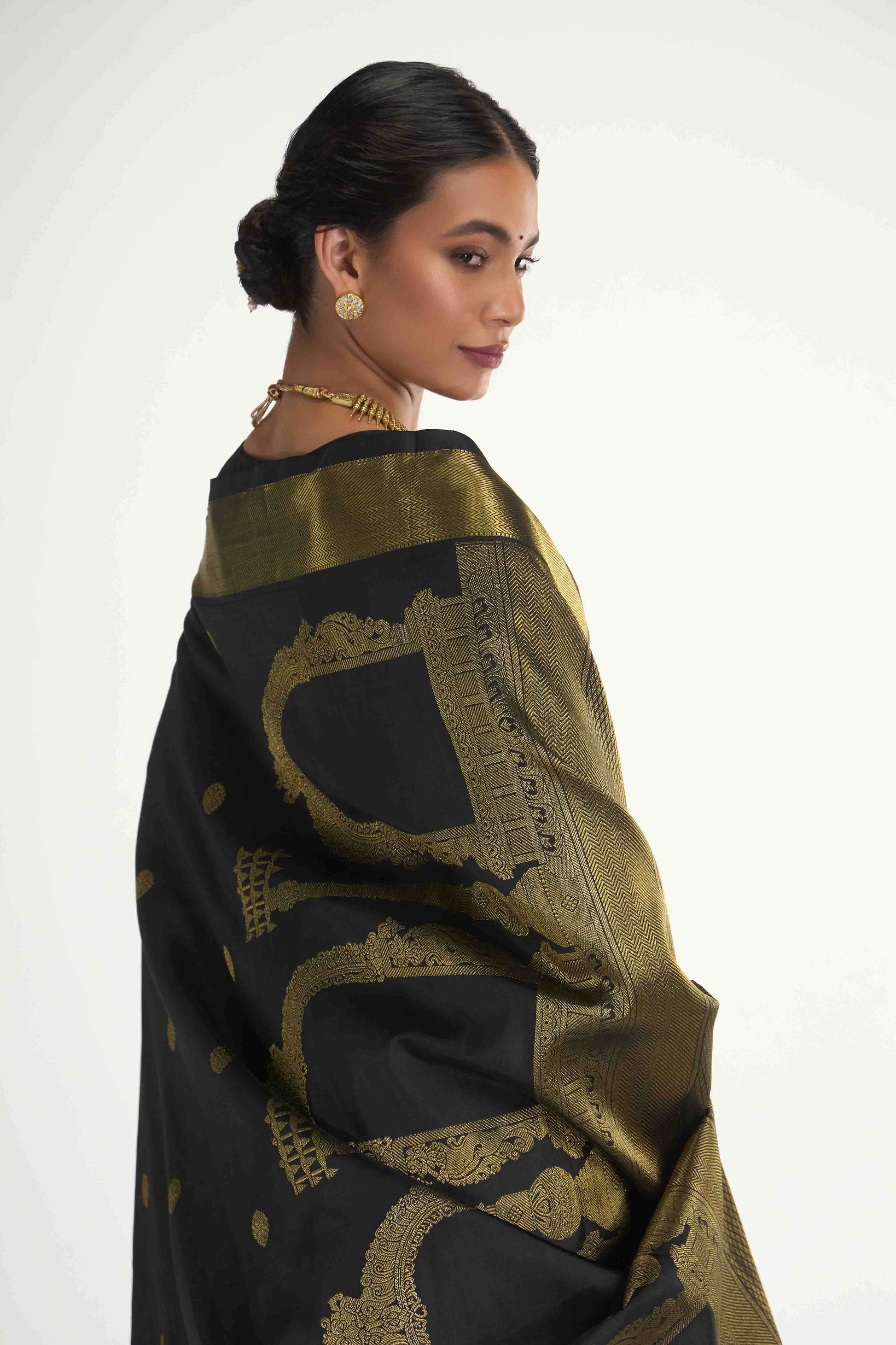 Thiruvakshi-Pure Silk Pure Gold Zari Black Kanchipuram Saree