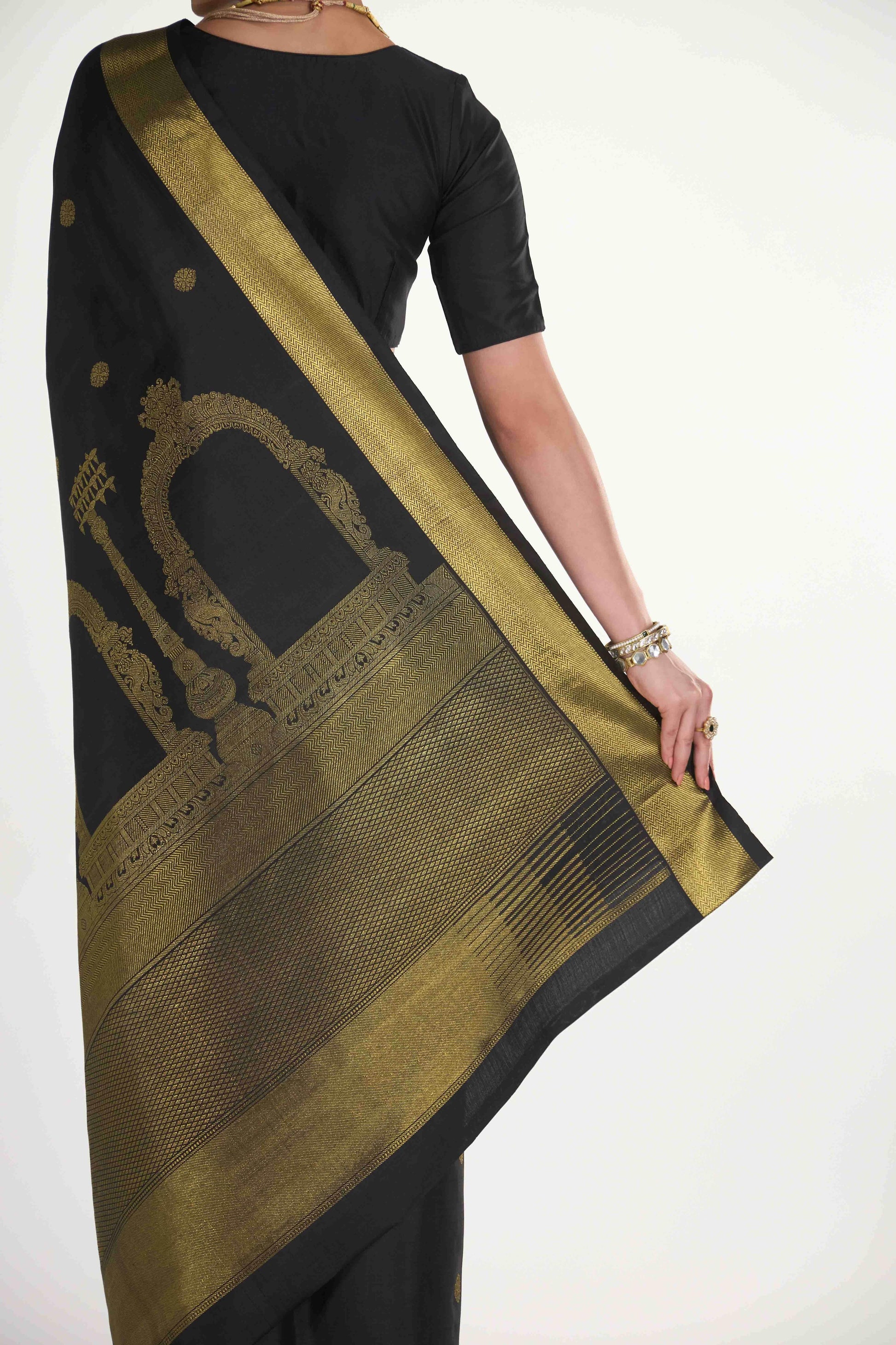 Thiruvakshi-Pure Silk Pure Gold Zari Black Kanchipuram Saree