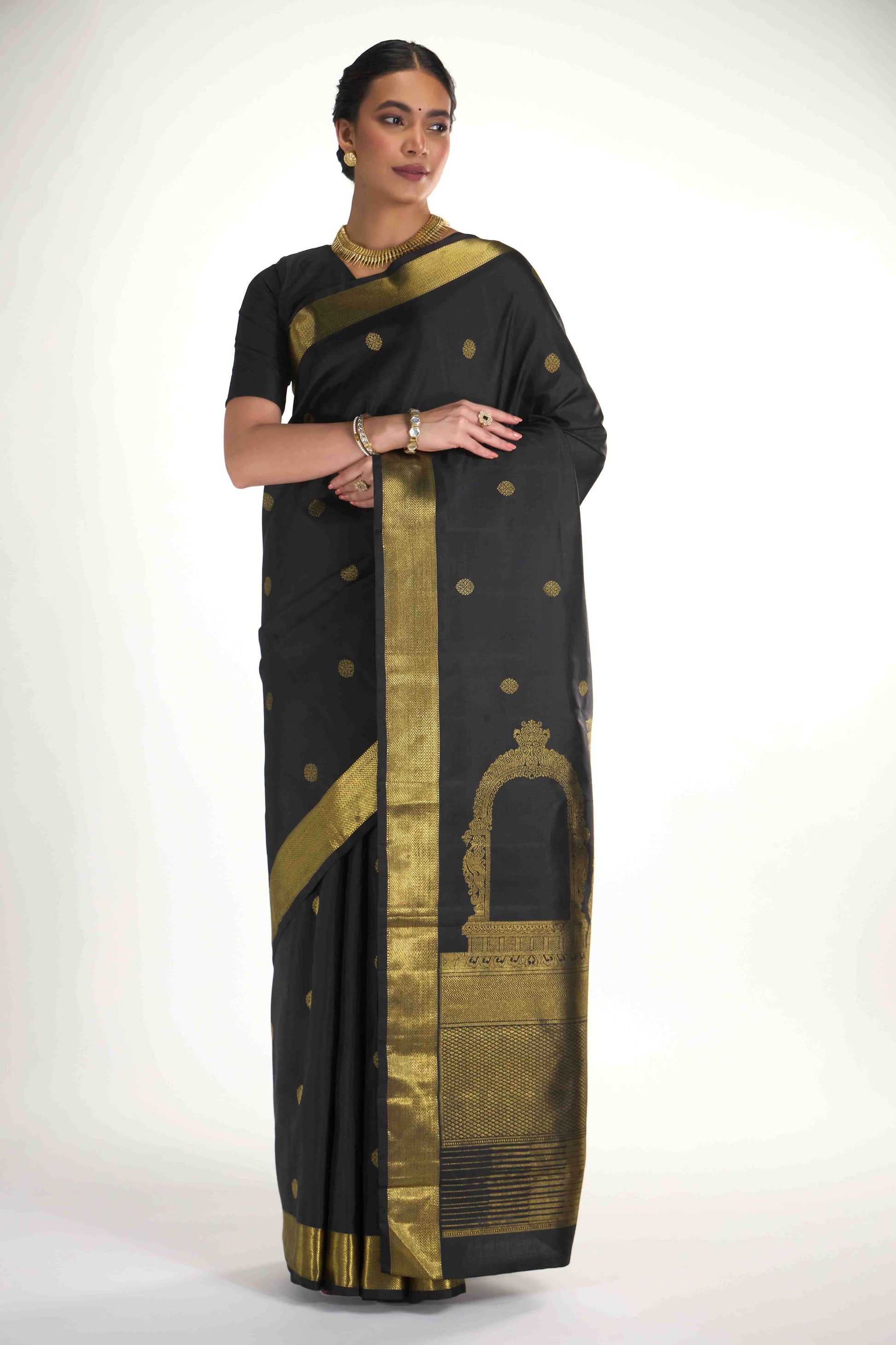 Thiruvakshi-Pure Silk Pure Gold Zari Black Kanchipuram Saree