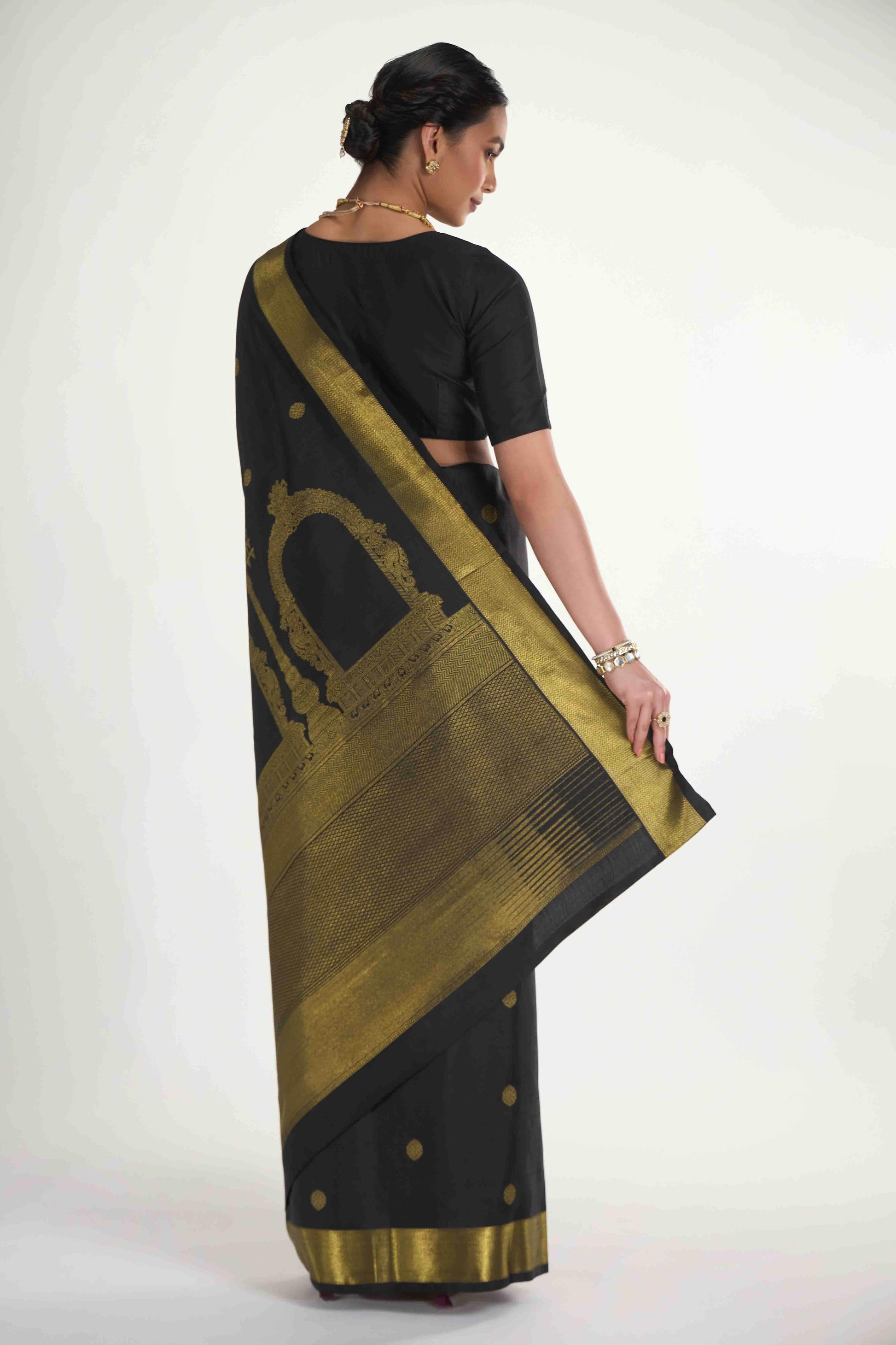 Thiruvakshi-Pure Silk Pure Gold Zari Black Kanchipuram Saree