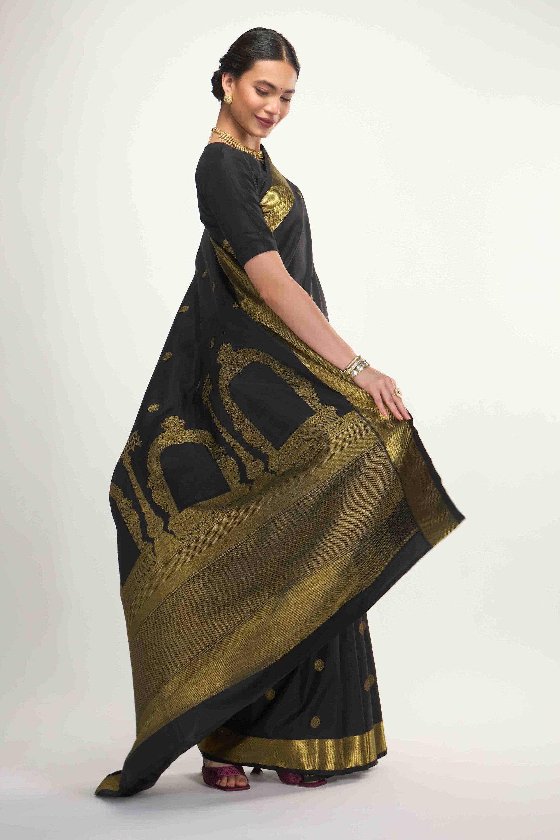 Thiruvakshi-Pure Silk Pure Gold Zari Black Kanchipuram Saree