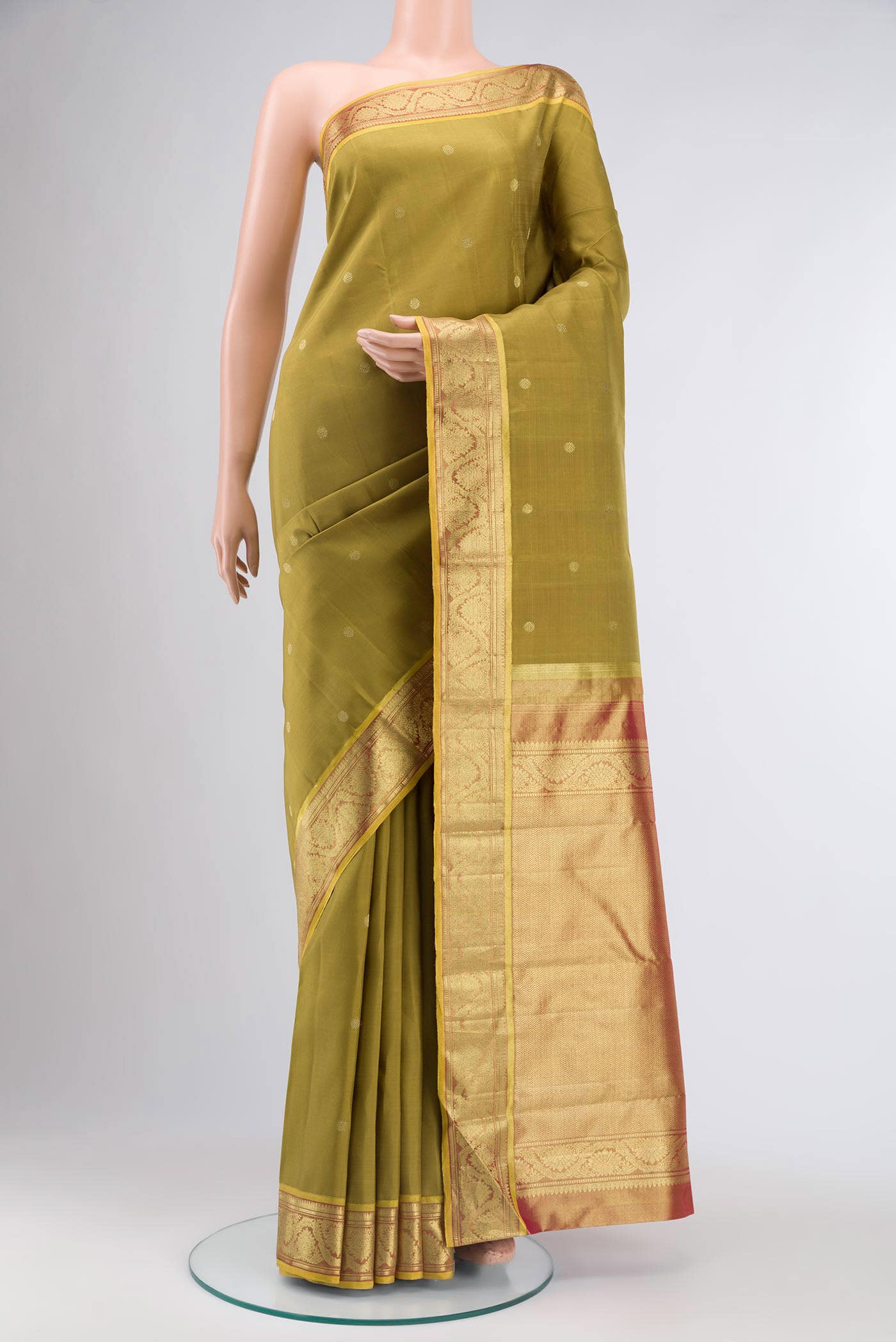 Suvarna-Pure Silk Pure Gold Zari Olive Green Kanchipuram Saree