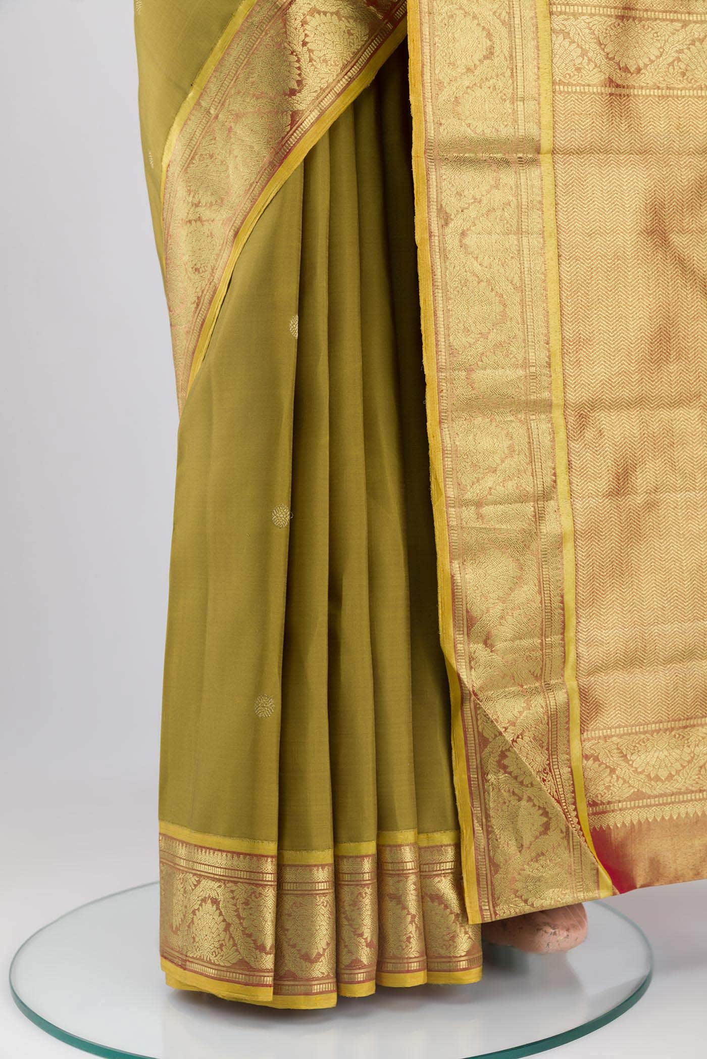 Suvarna-Pure Silk Pure Gold Zari Olive Green Kanchipuram Saree