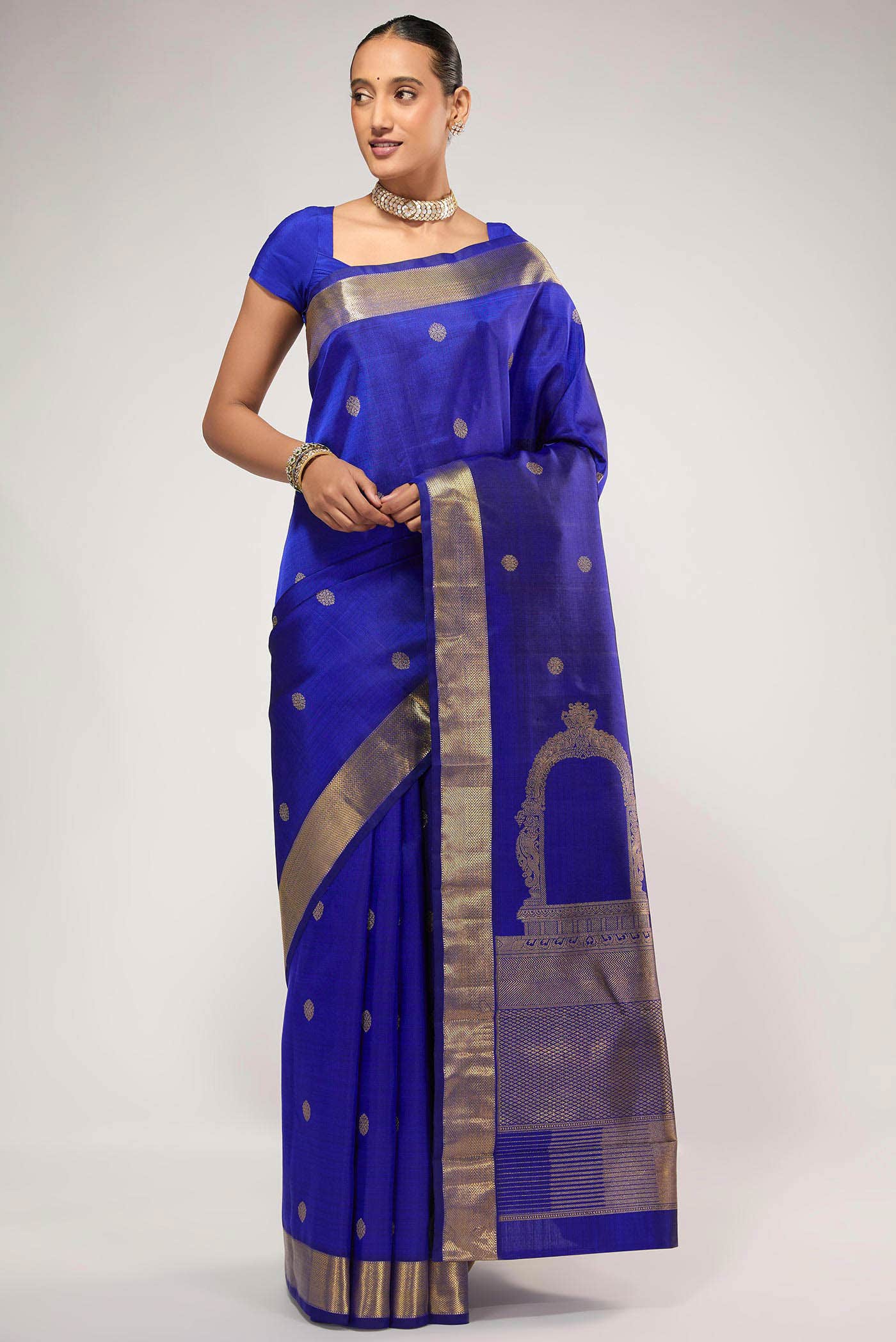 Thiruvakshi-Pure Silk Pure Gold Zari Blue Kanchipuram Saree