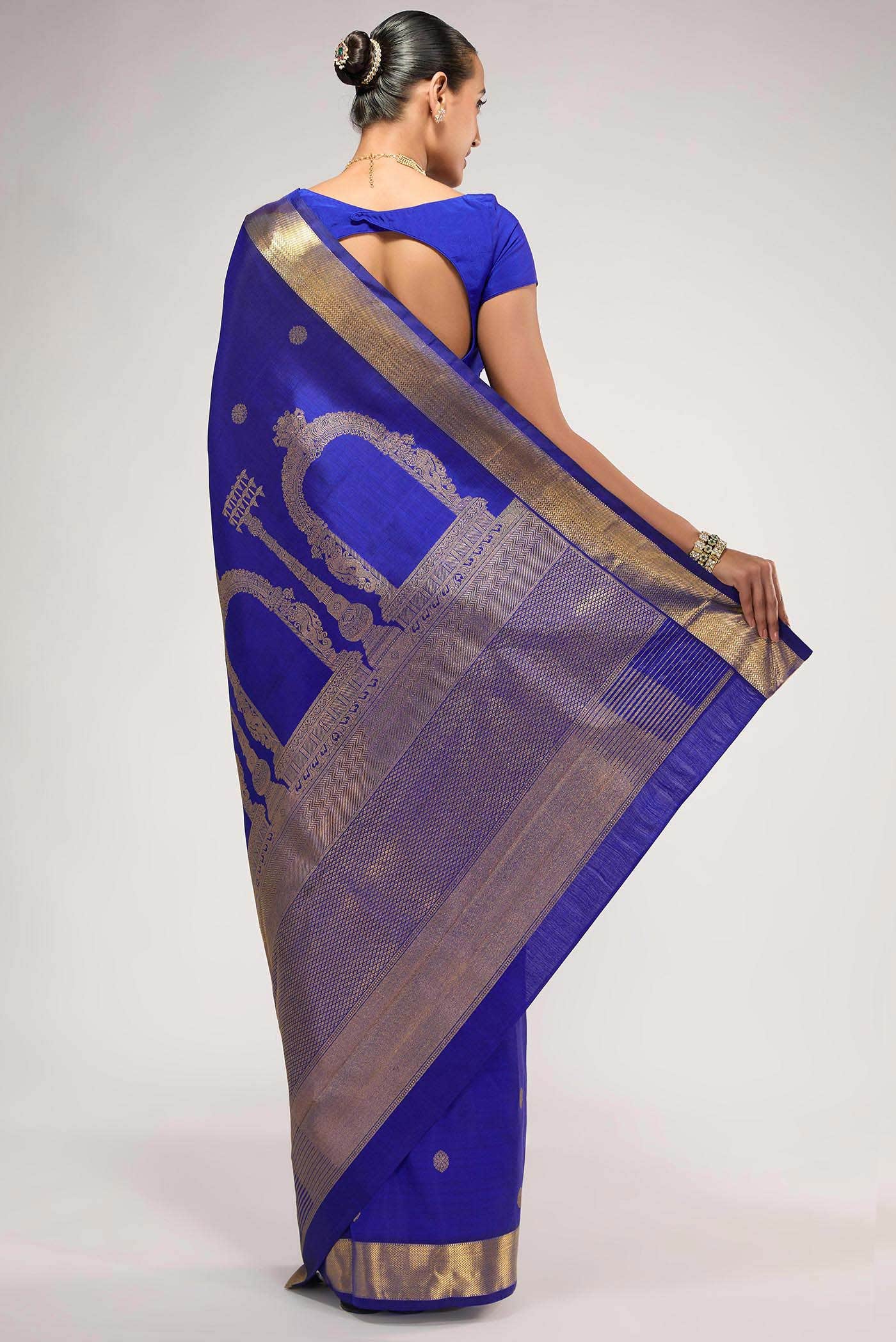 Thiruvakshi-Pure Silk Pure Gold Zari Blue Kanchipuram Saree