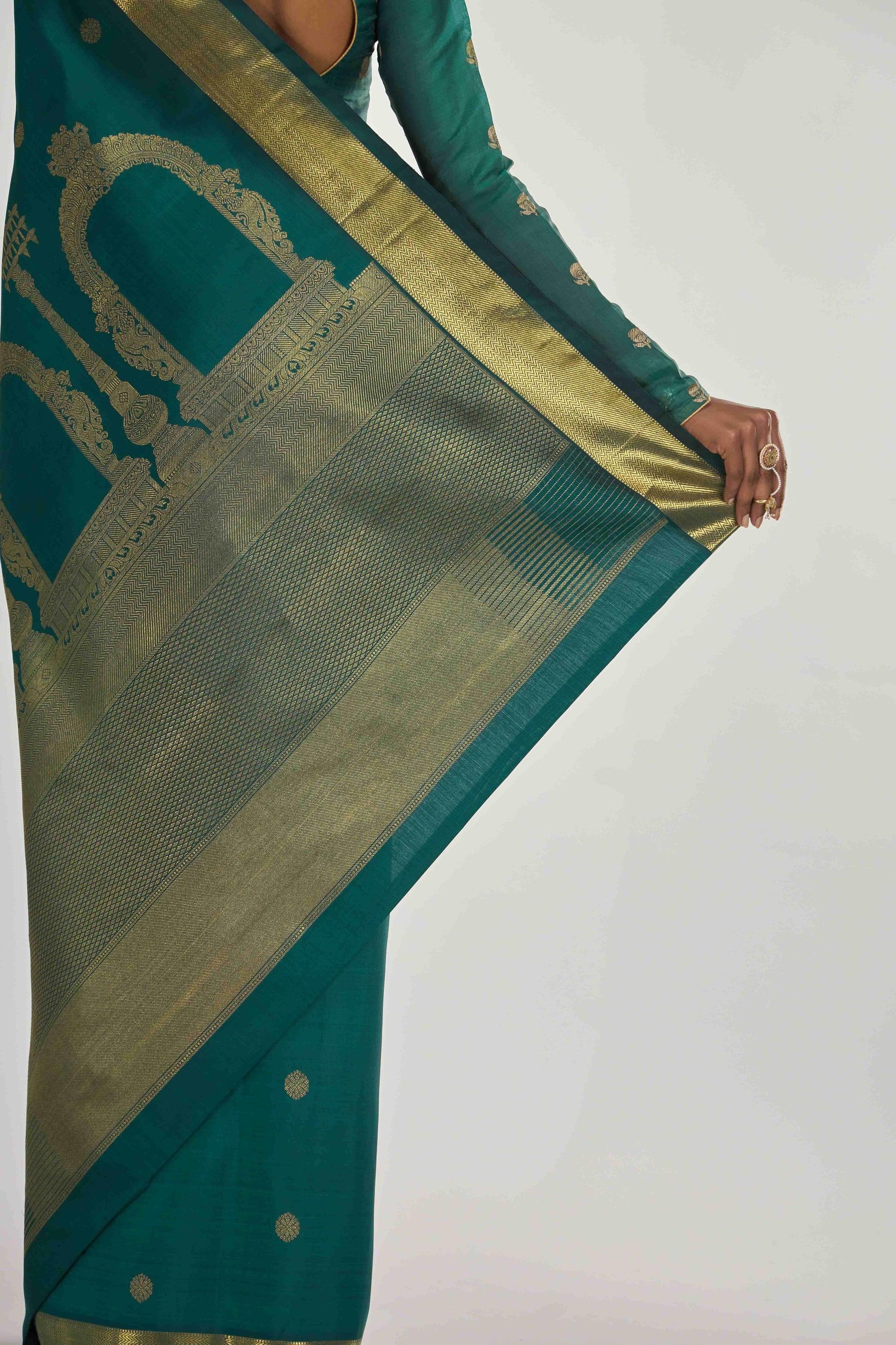 Thiruvakshi-Pure Silk Pure Gold Zari Green Kanchipuram Saree