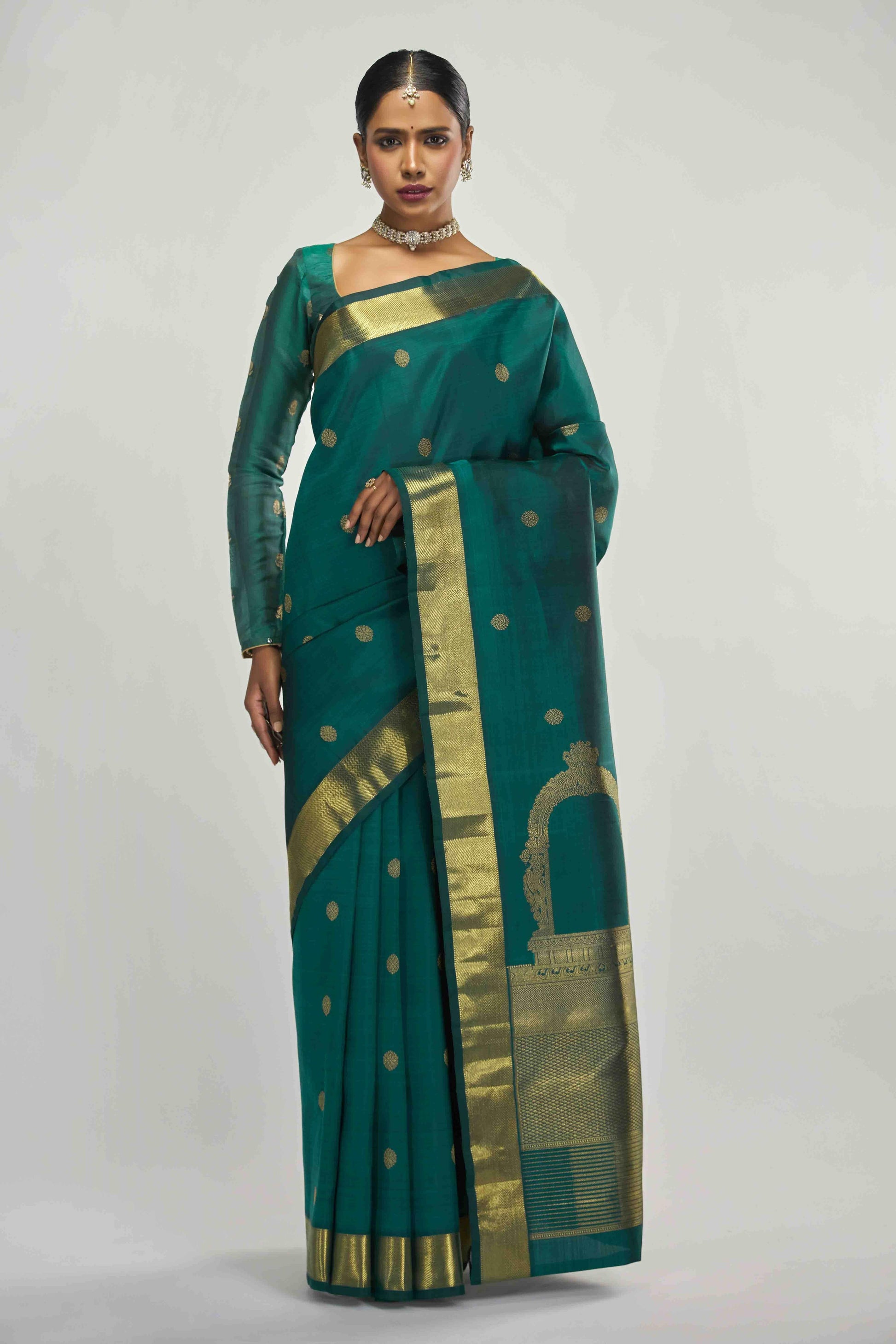 Thiruvakshi-Pure Silk Pure Gold Zari Green Kanchipuram Saree