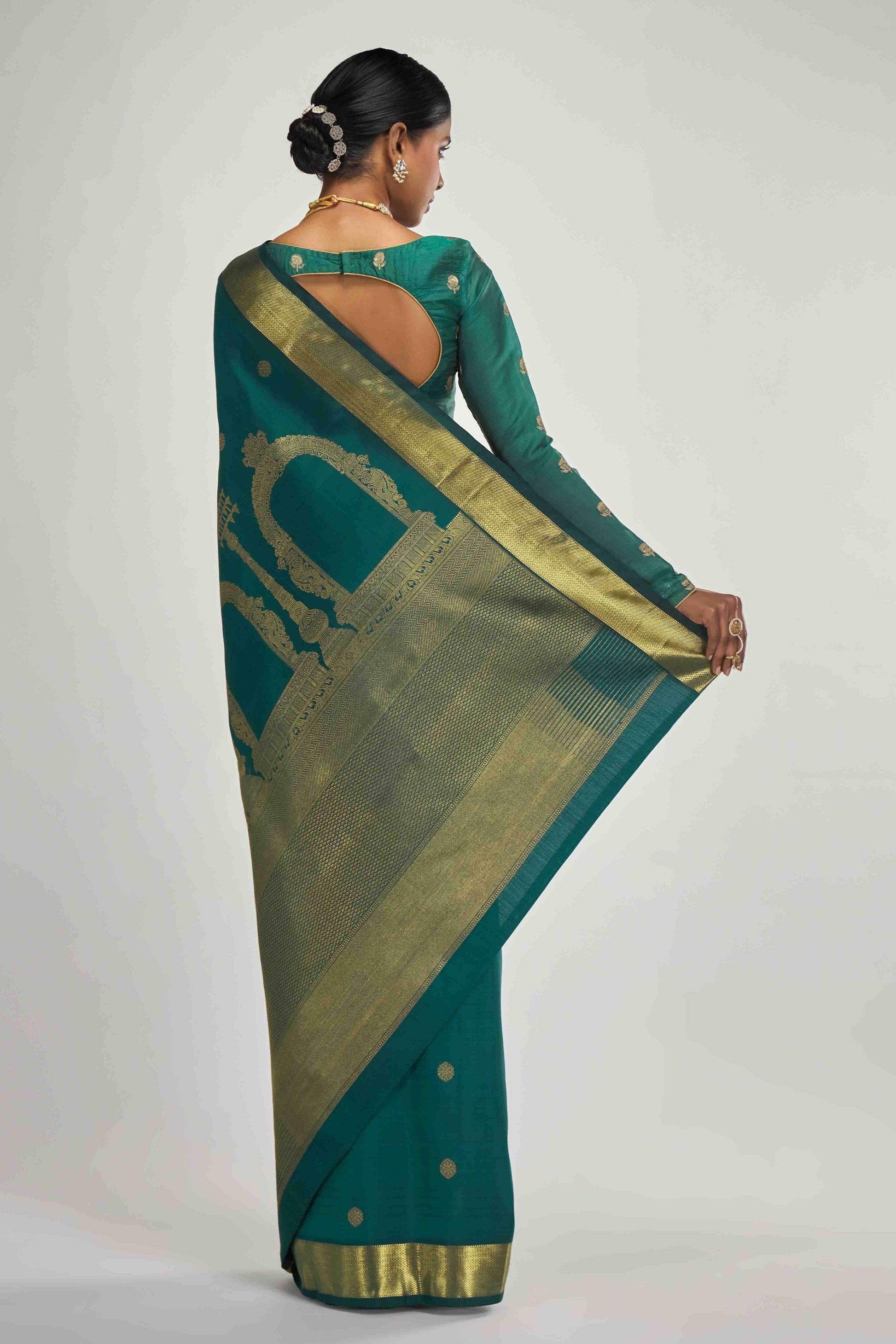 Thiruvakshi-Pure Silk Pure Gold Zari Green Kanchipuram Saree