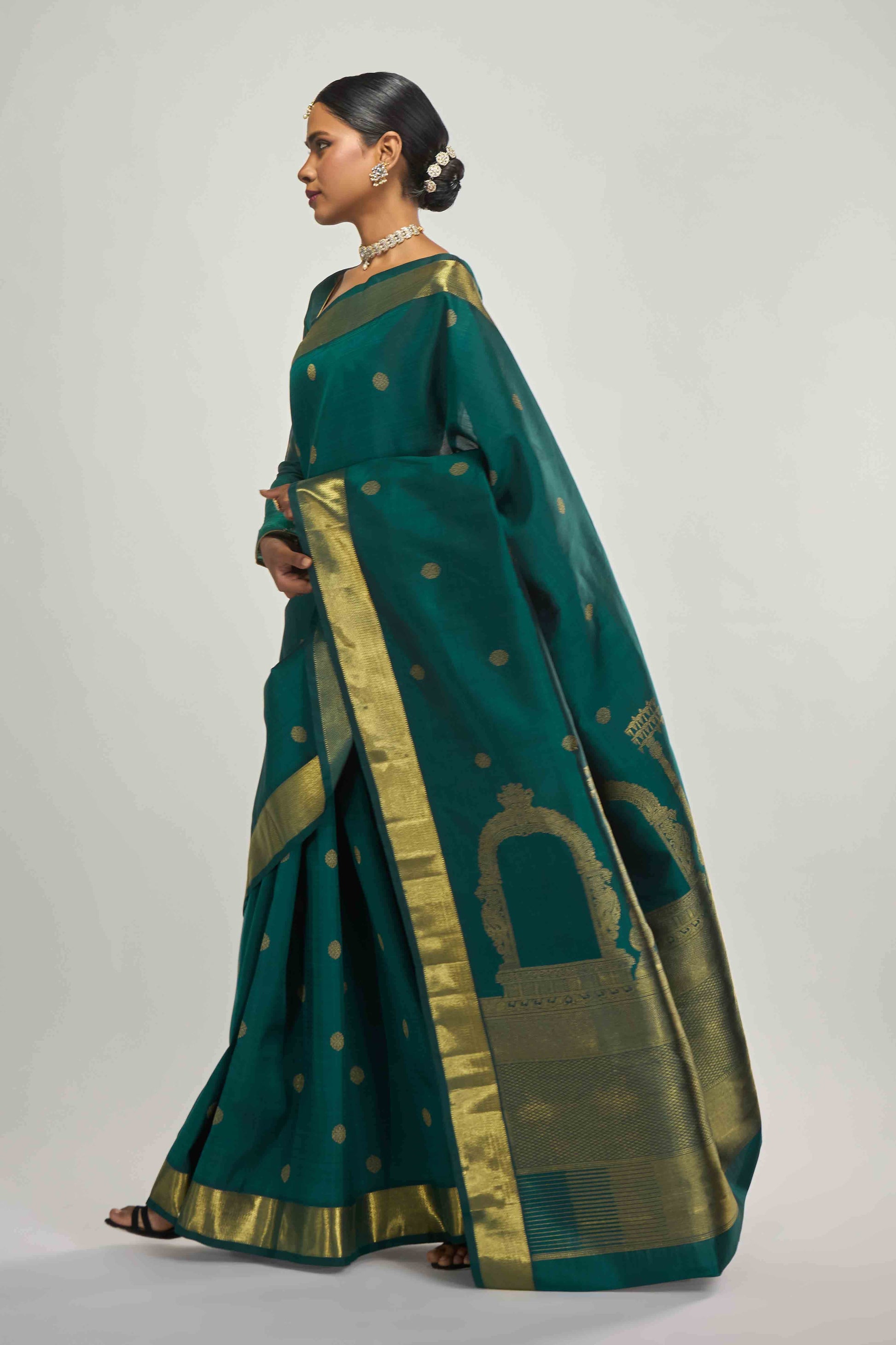 Thiruvakshi-Pure Silk Pure Gold Zari Green Kanchipuram Saree