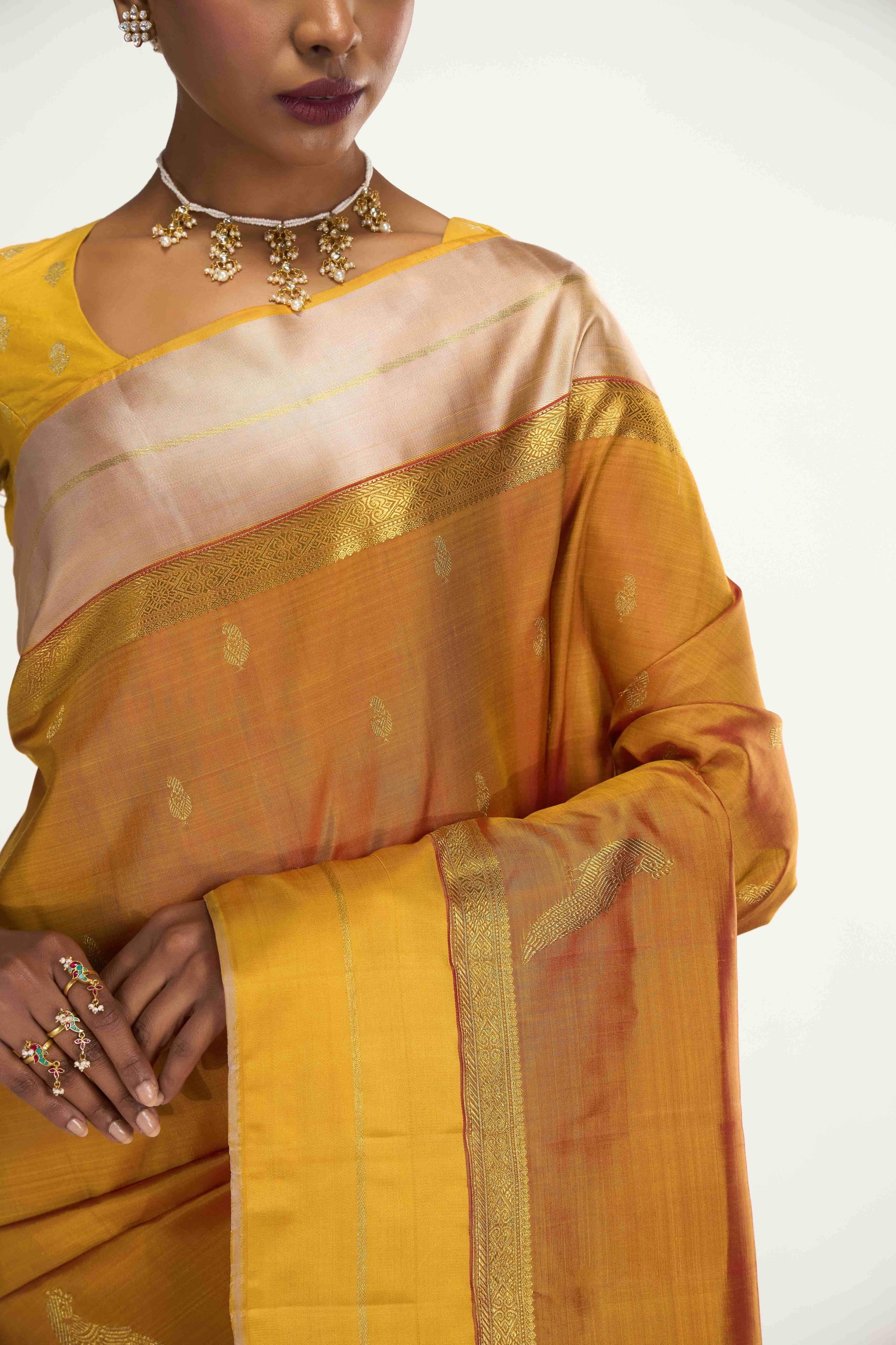 Varnika-Pure Silk Pure Gold Zari Yellow with Pink Dual Tone Kanchipuram Saree