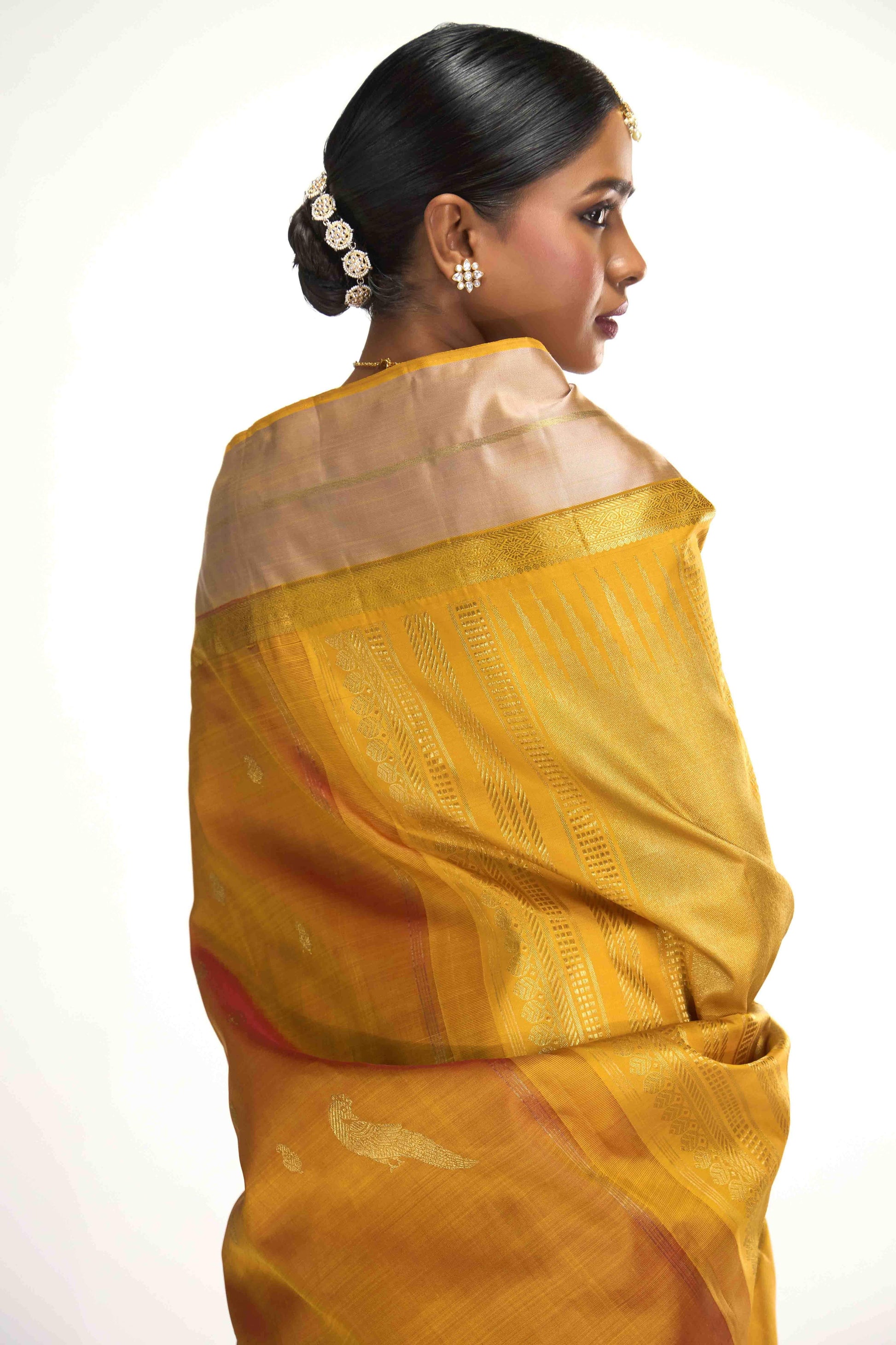 Varnika-Pure Silk Pure Gold Zari Yellow with Pink Dual Tone Kanchipuram Saree